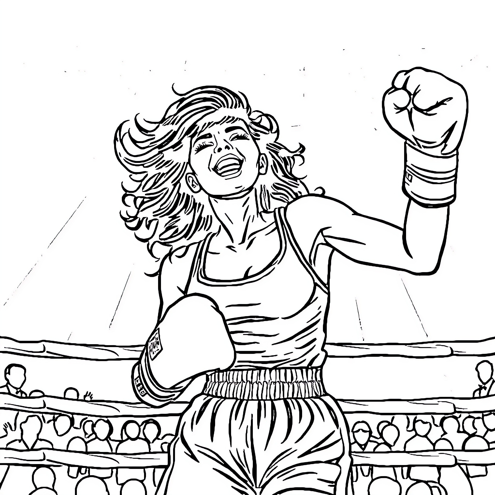 Woman Boxing with Enthusiasm in the Ring Coloring Page (free black-and-white line drawing printable PDF for all, from beginners to advanced learners, including children, teens, adults, and seniors)