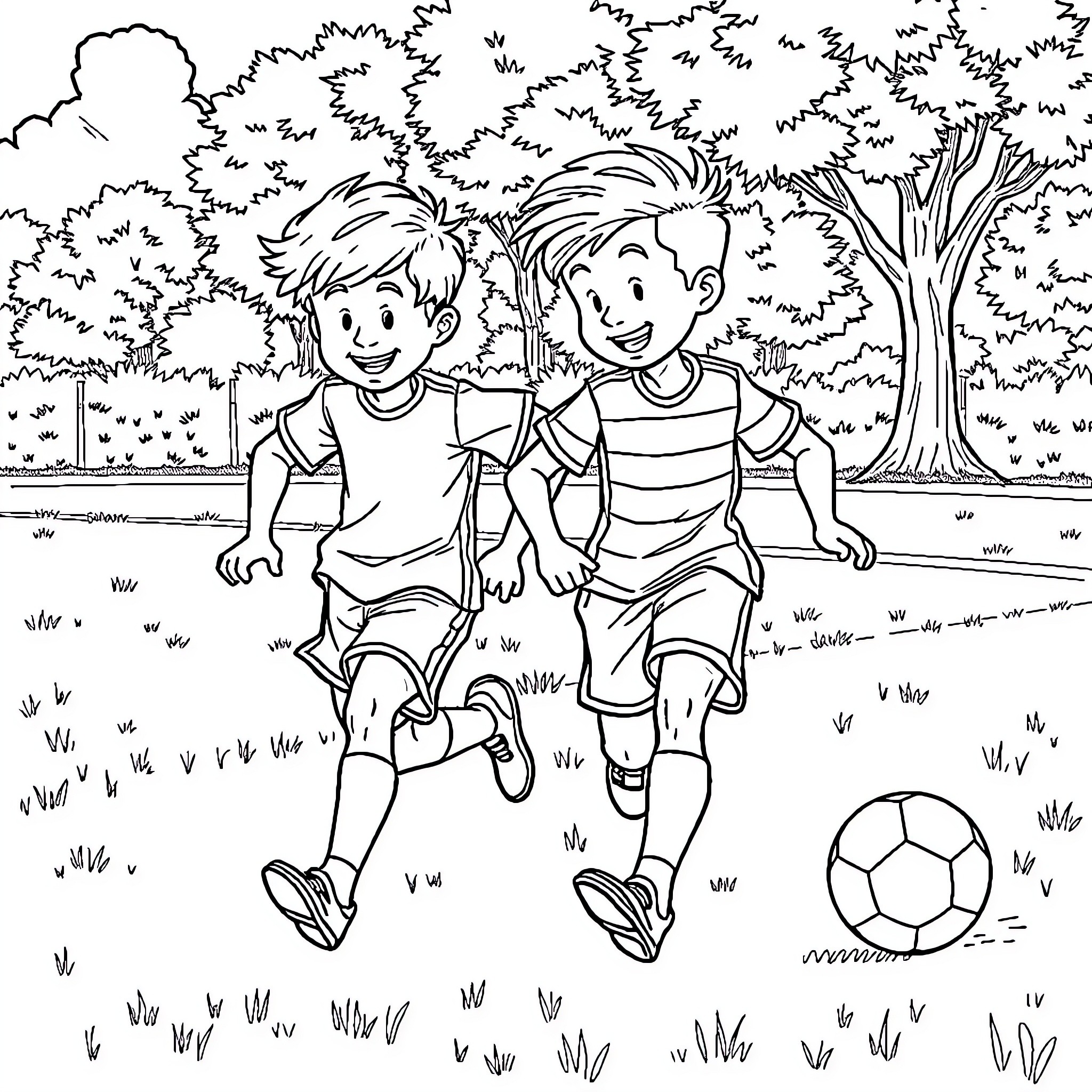 Boy friends playing happily in the park Coloring Page (free black-and-white line drawing printable PDF for all, from beginners to advanced learners, including children, teens, adults, and seniors)
