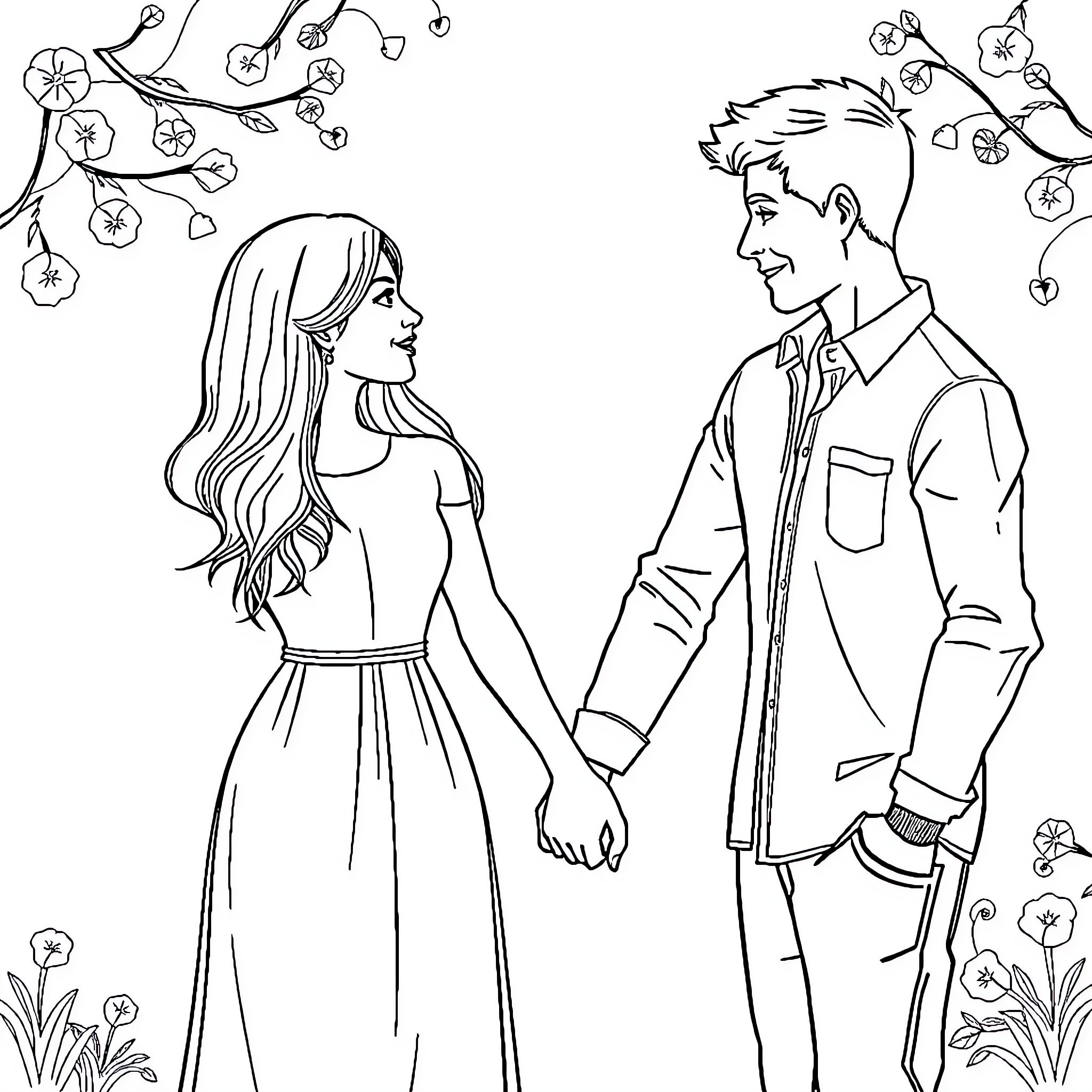 Couple enjoying a romantic moment in nature Coloring Page (free black-and-white line drawing printable PDF for all, from beginners to advanced learners, including children, teens, adults, and seniors)