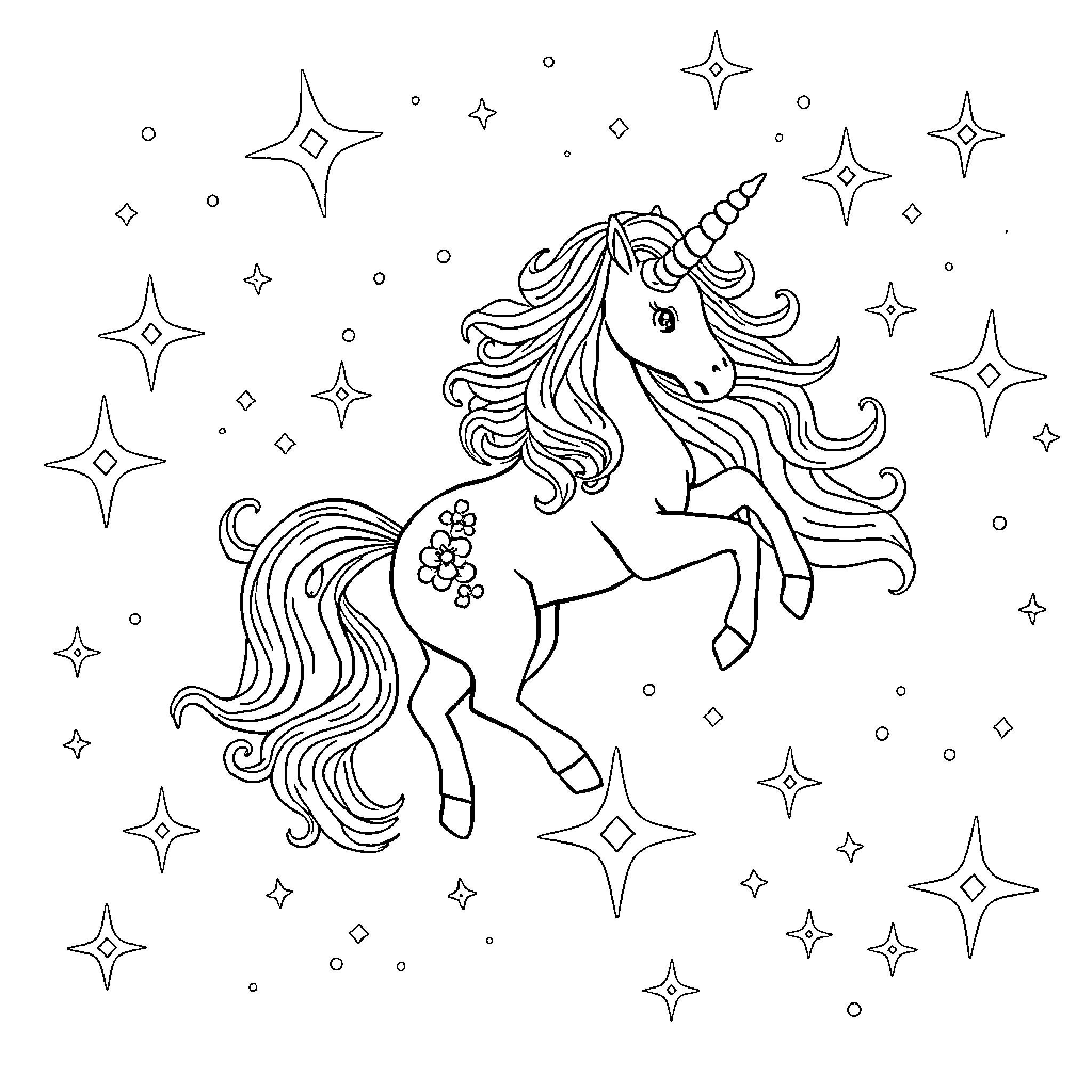 Unicorn prancing amongst twinkling stars Coloring Page (free black-and-white line drawing printable PDF for all, from beginners to advanced learners, including children, teens, adults, and seniors)