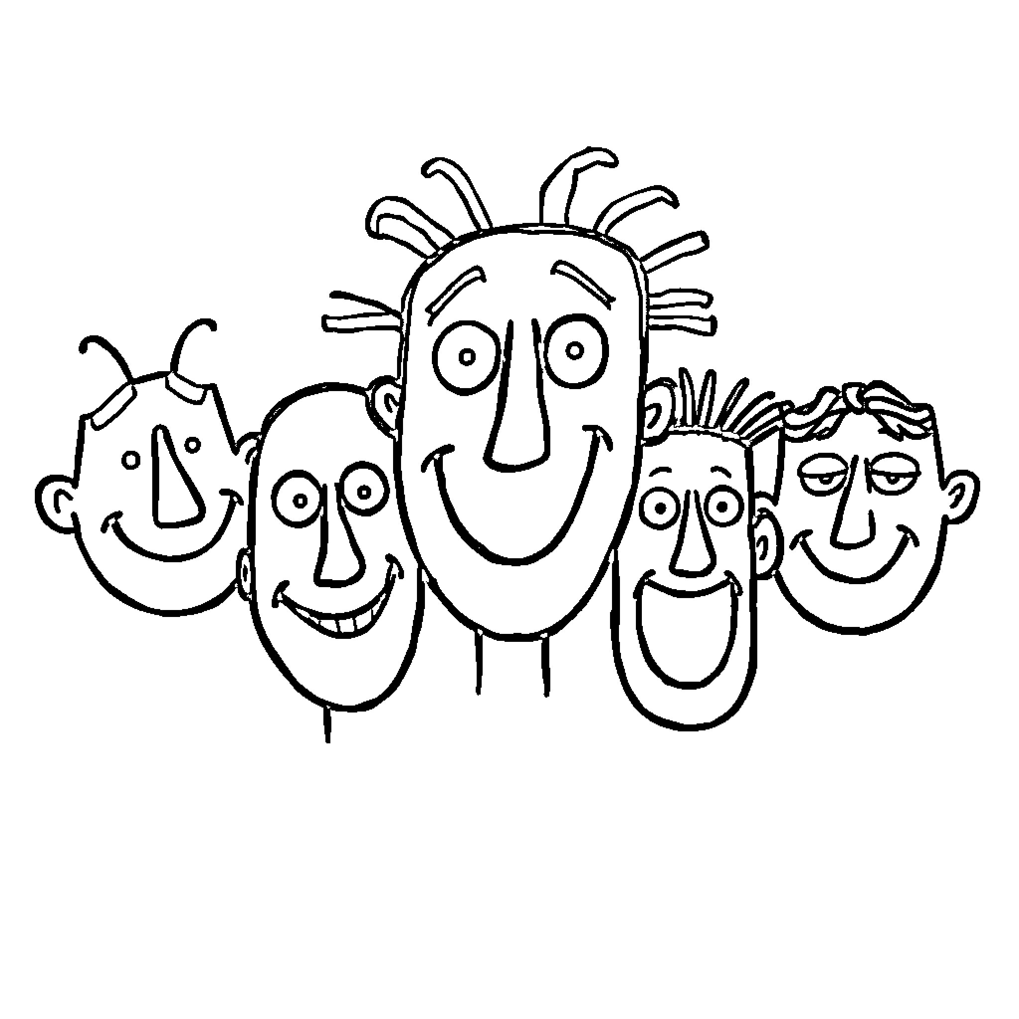 Face Cartoon Characters Smiling Happily Coloring Page (free black-and-white line drawing printable PDF for all, from beginners to advanced learners, including children, teens, adults, and seniors)