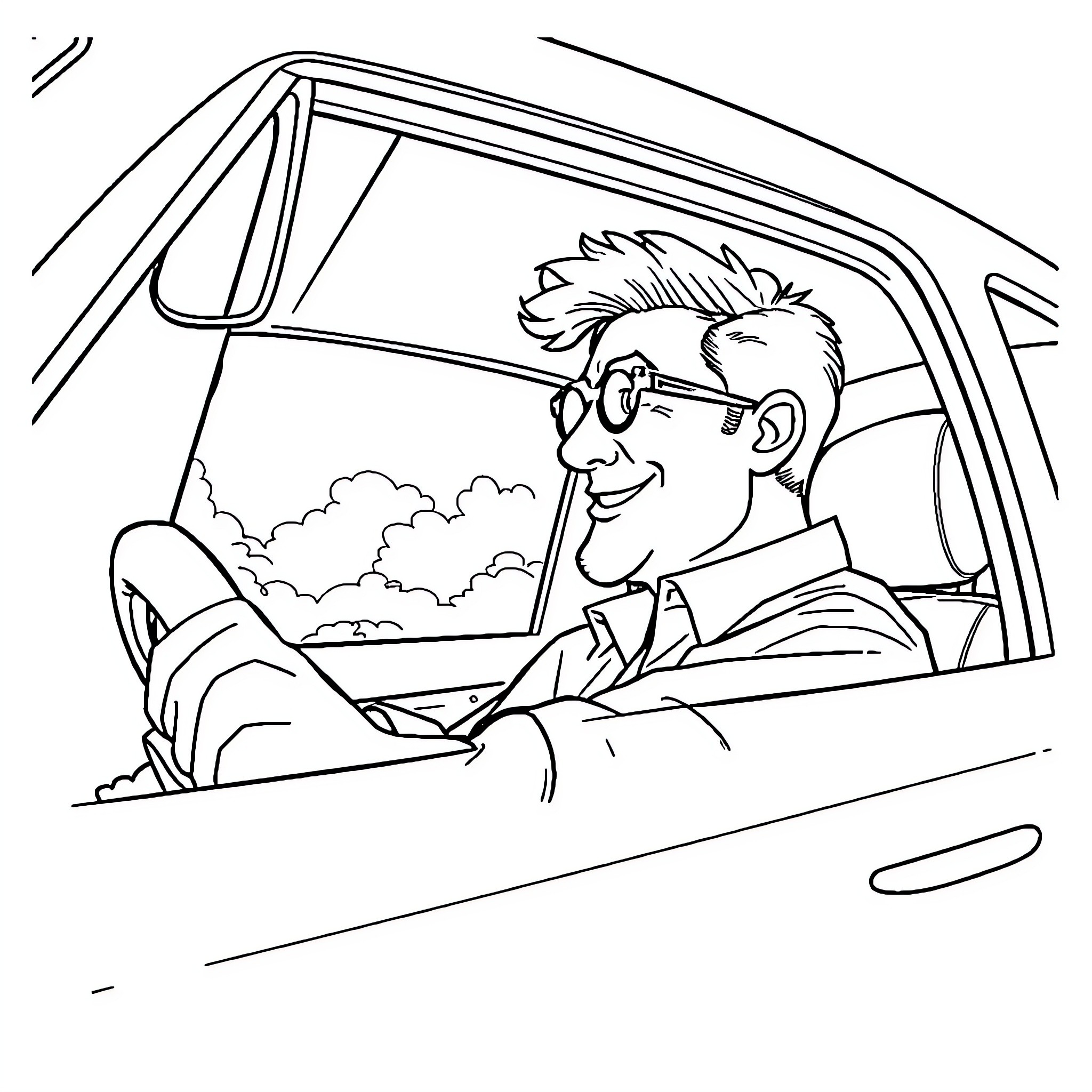 Car driven by cheerful man with glasses Coloring Page (free black-and-white line drawing printable PDF for all, from beginners to advanced learners, including children, teens, adults, and seniors)