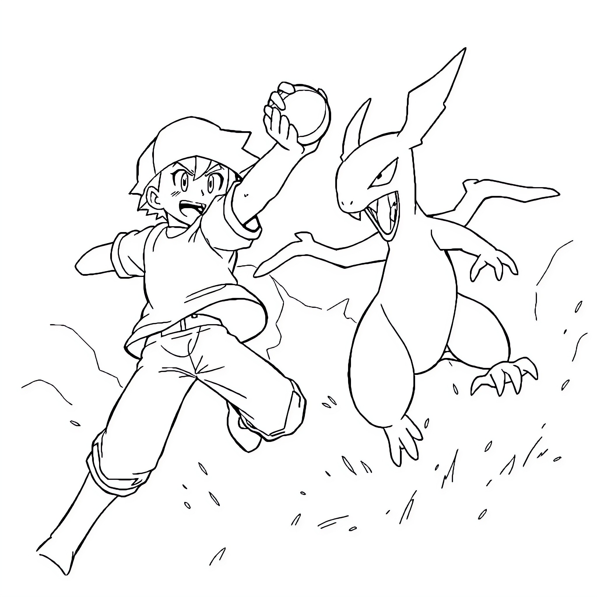 Ash battles ferocious Pokemon in the wild Coloring Page (free black-and-white line drawing printable PDF for all, from beginners to advanced learners, including children, teens, adults, and seniors)