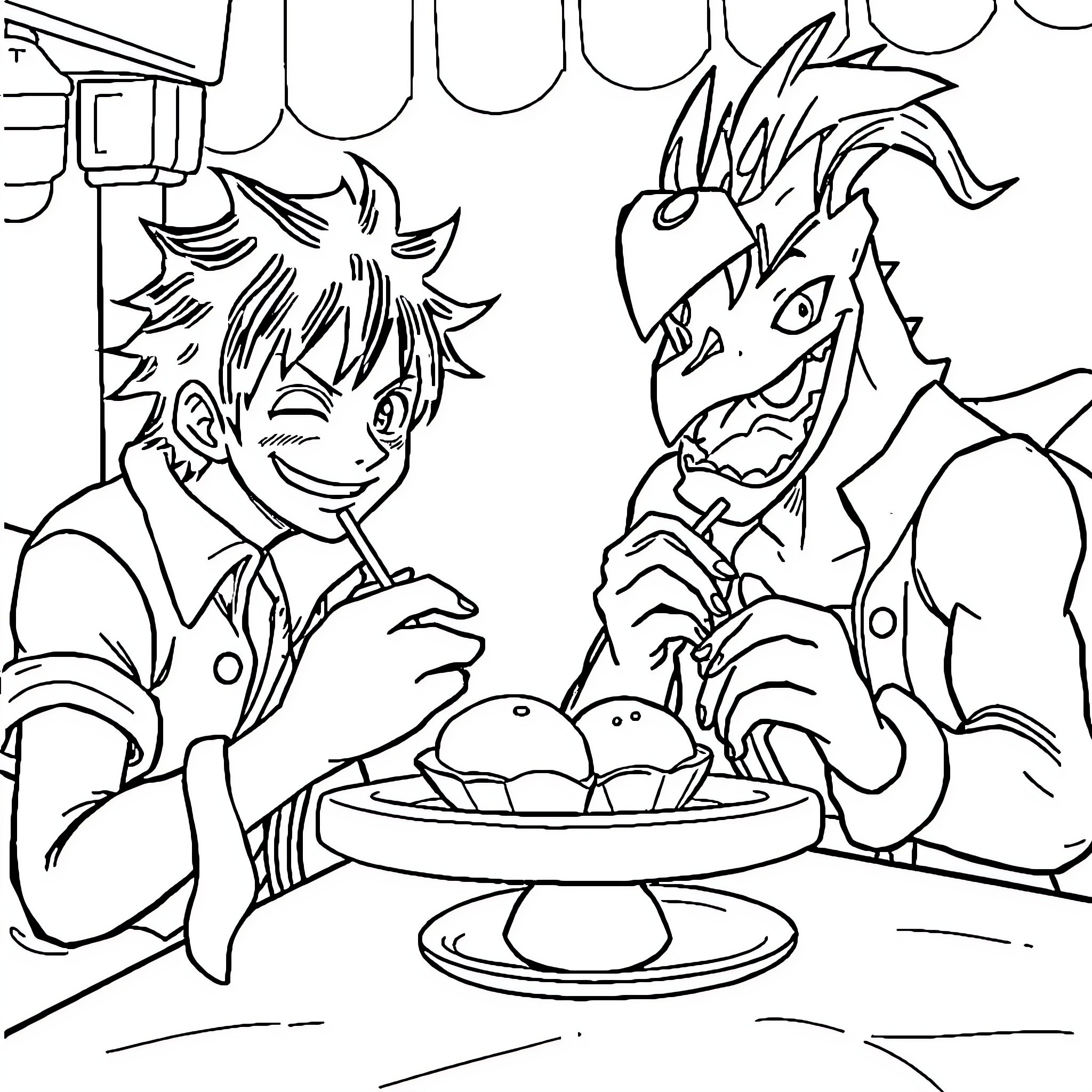 Luffy's Adventurous Dining Experience with a Friendly Monster Coloring Page (free black-and-white line drawing printable PDF for all, from beginners to advanced learners, including children, teens, adults, and seniors)