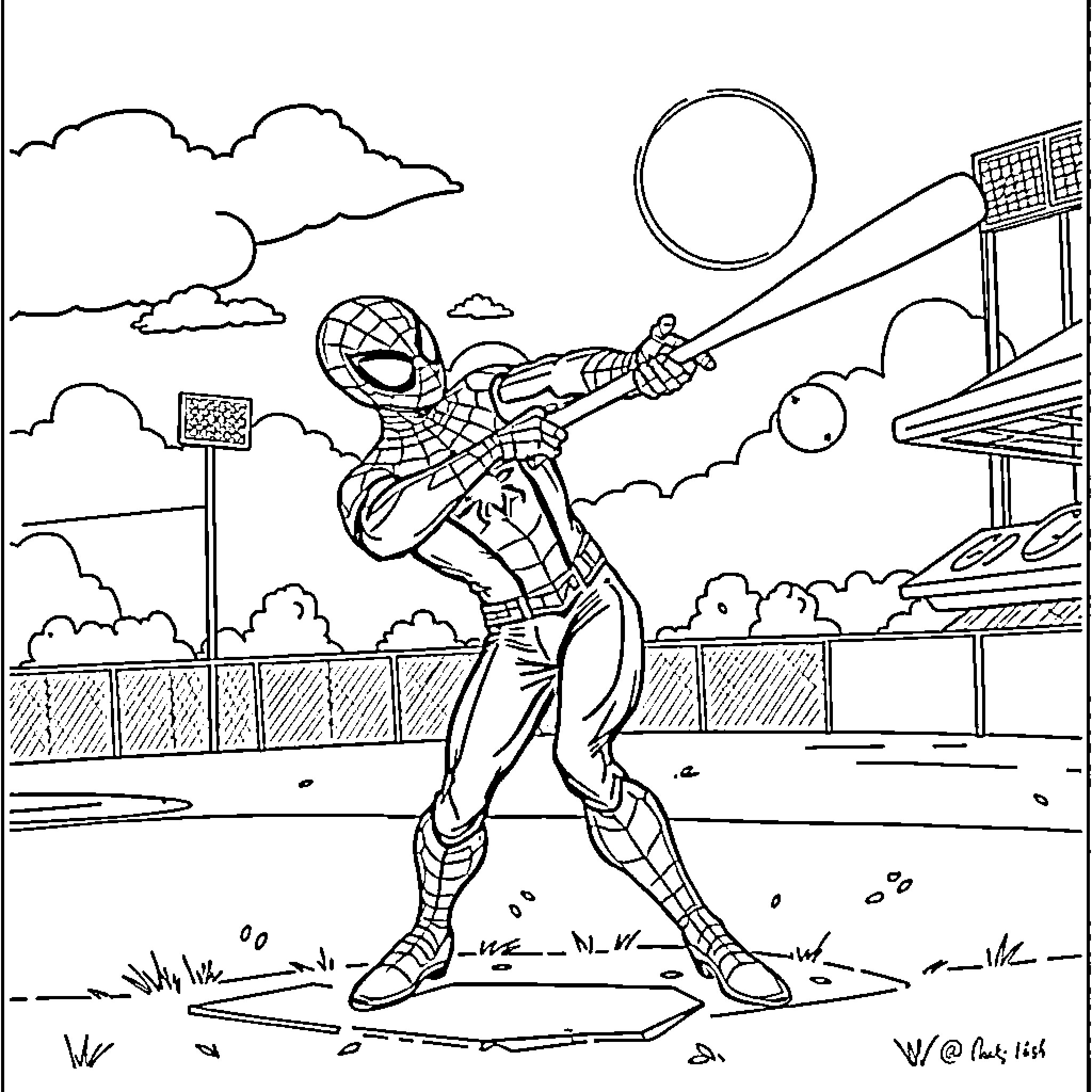 Spiderman swinging and web-slinging through the city Coloring Page (free black-and-white line drawing printable PDF for all, from beginners to advanced learners, including children, teens, adults, and seniors)