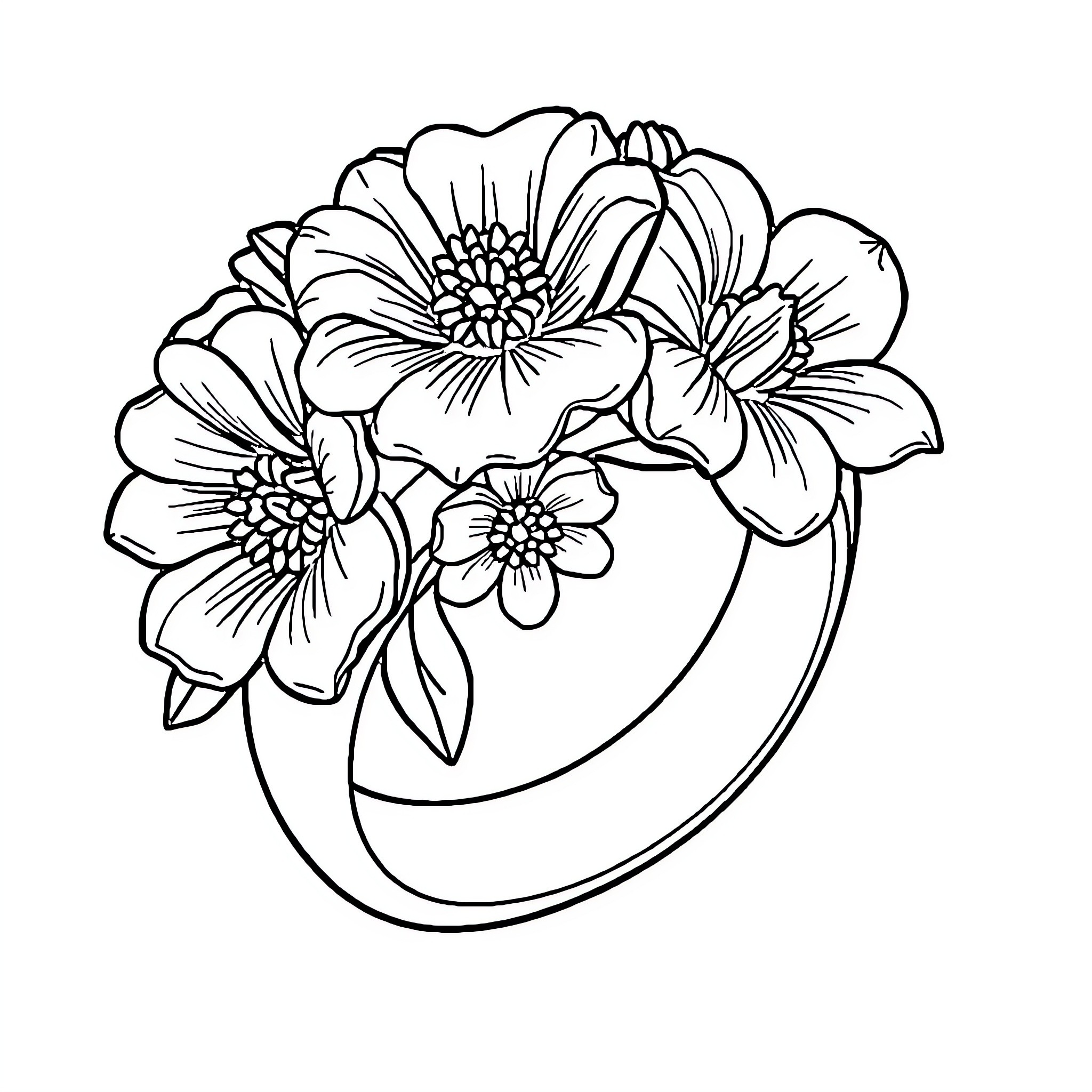 Ring of Blooming Floral Arrangement Coloring Page (free black-and-white line drawing printable PDF for all, from beginners to advanced learners, including children, teens, adults, and seniors)