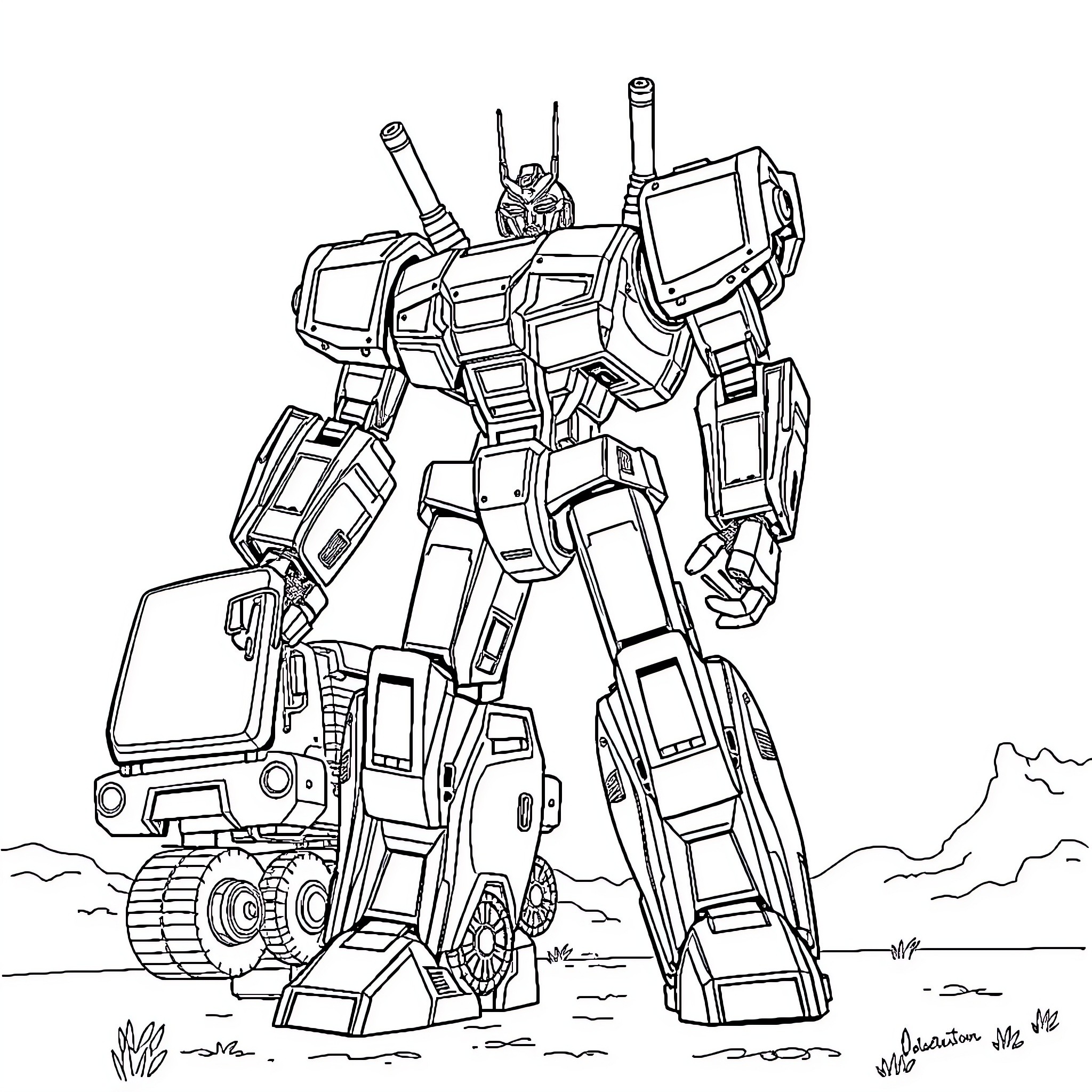 Transformer robot in an outdoor scene Coloring Page (free black-and-white line drawing printable PDF for all, from beginners to advanced learners, including children, teens, adults, and seniors)