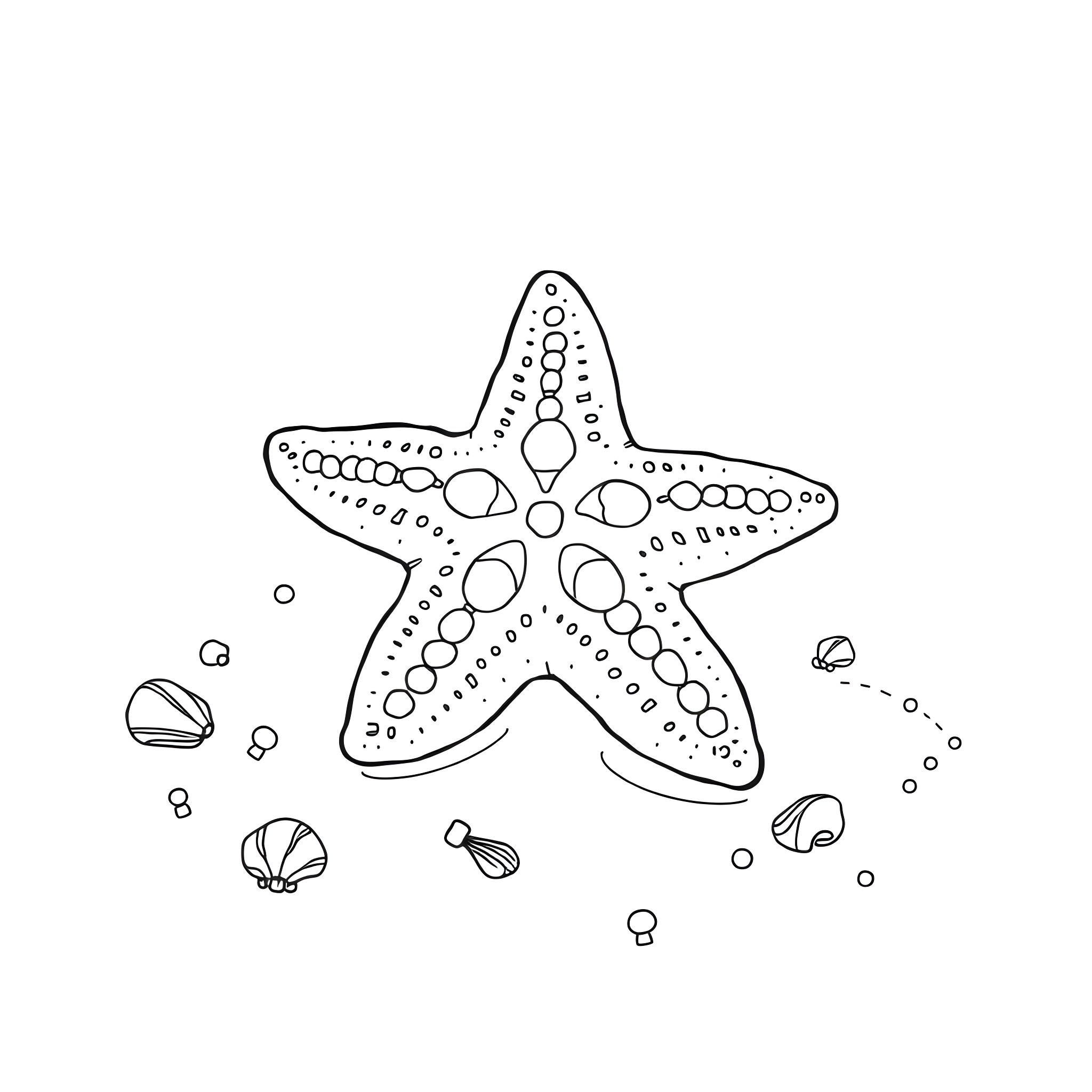 Starfish surrounded by seashells on the beach Coloring Page (free black-and-white line drawing printable PDF for all, from beginners to advanced learners, including children, teens, adults, and seniors)