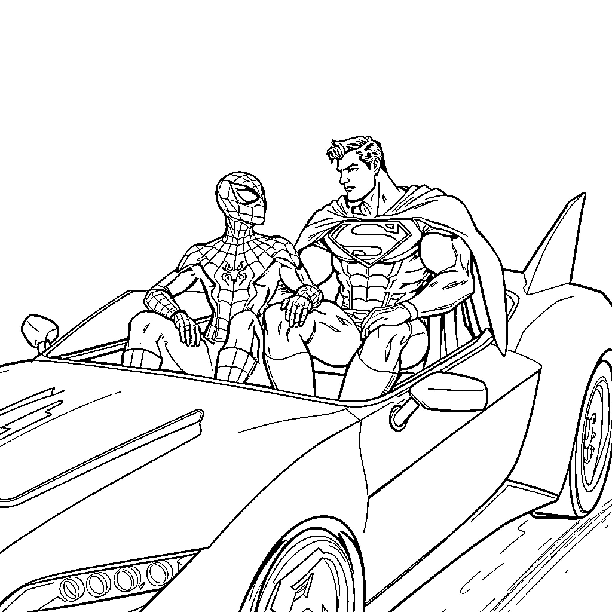 Superhero duo in action-packed sports car scene Coloring Page (free black-and-white line drawing printable PDF for all, from beginners to advanced learners, including children, teens, adults, and seniors)