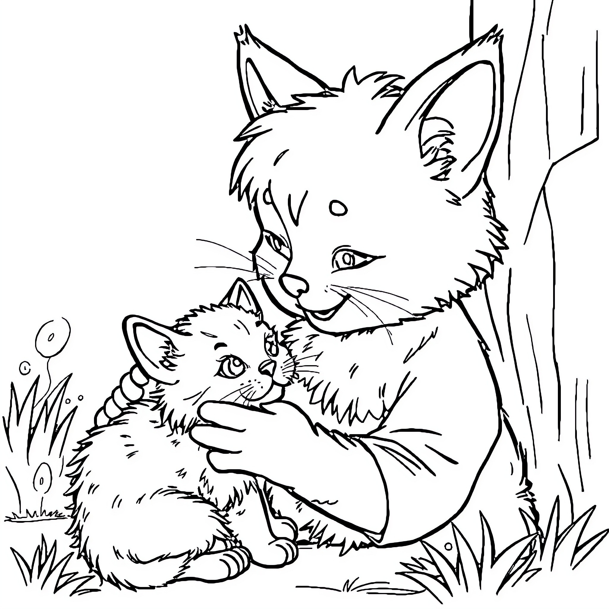 Miguel's Tender Embrace with Feline Friend Coloring Page (free black-and-white line drawing printable PDF for all, from beginners to advanced learners, including children, teens, adults, and seniors)