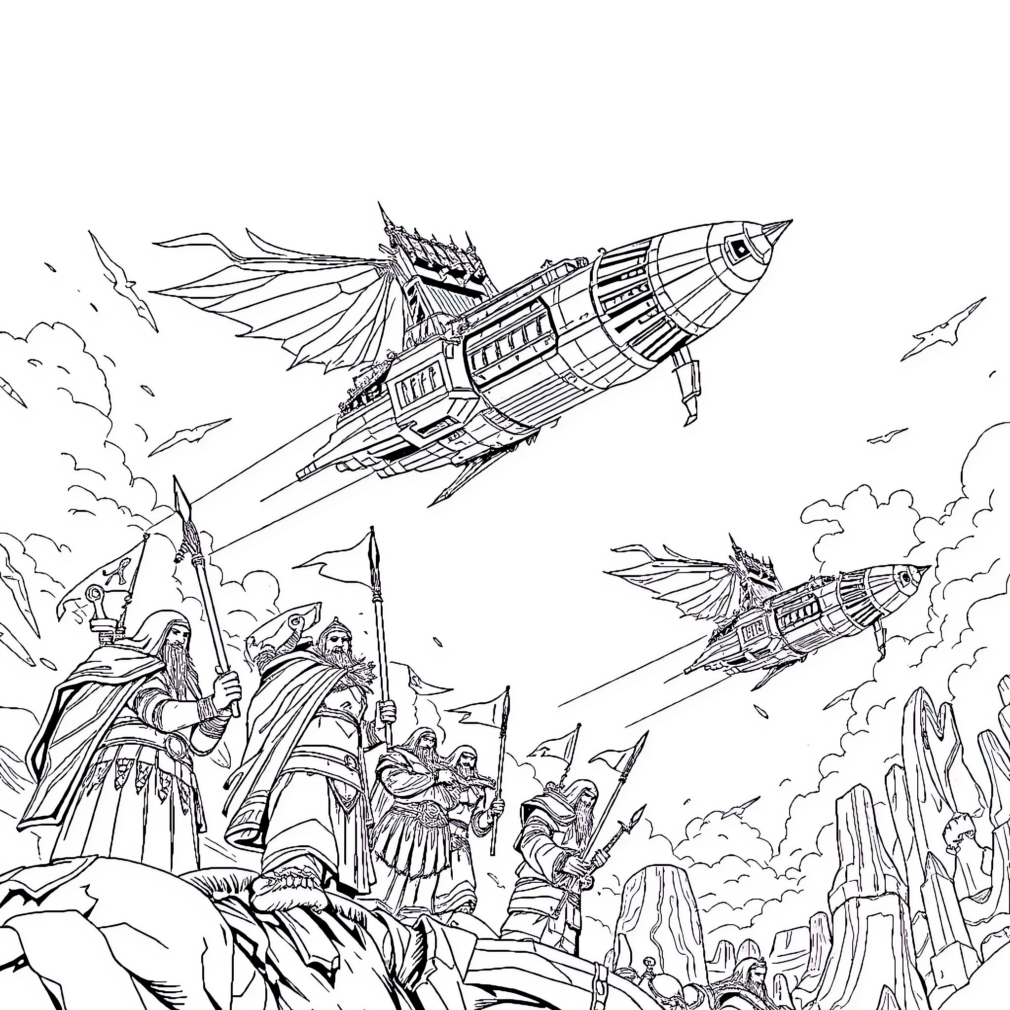 Kharadron airships soaring above the rugged terrain Coloring Page (free black-and-white line drawing printable PDF for all, from beginners to advanced learners, including children, teens, adults, and seniors)