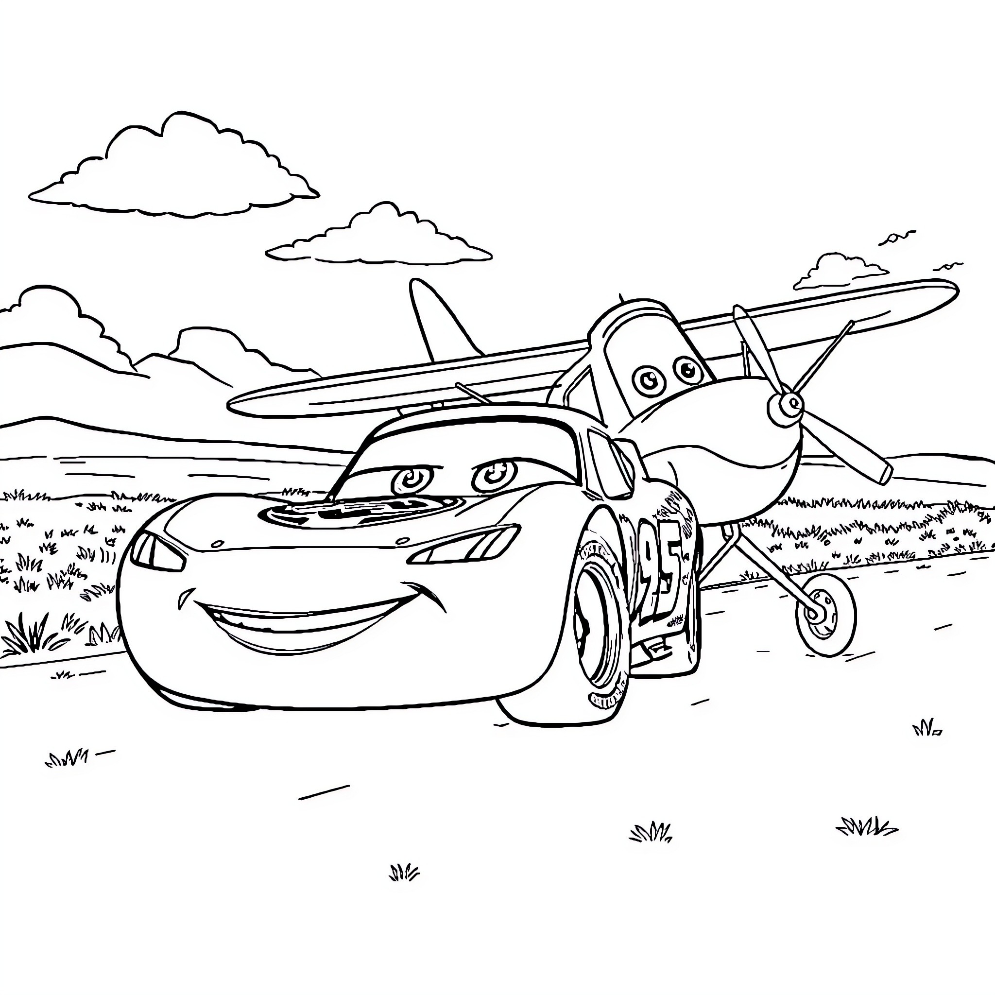 Lightning McQueen and Dusty Crophopper in a happy scene Coloring Page (free black-and-white line drawing printable PDF for all, from beginners to advanced learners, including children, teens, adults, and seniors)