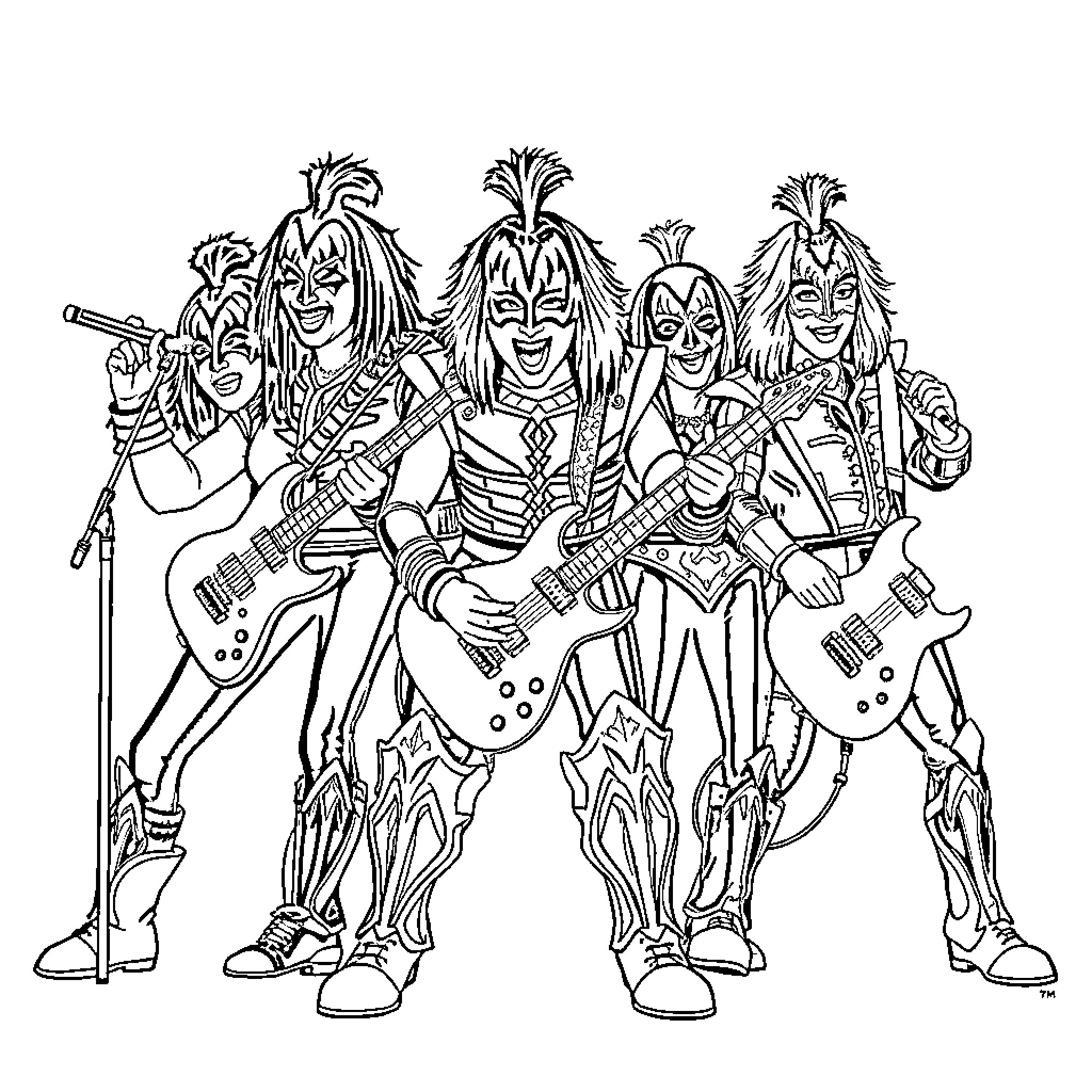 Kiss of Rock Stars on Stage Coloring Page (free black-and-white line drawing printable PDF for all, from beginners to advanced learners, including children, teens, adults, and seniors)