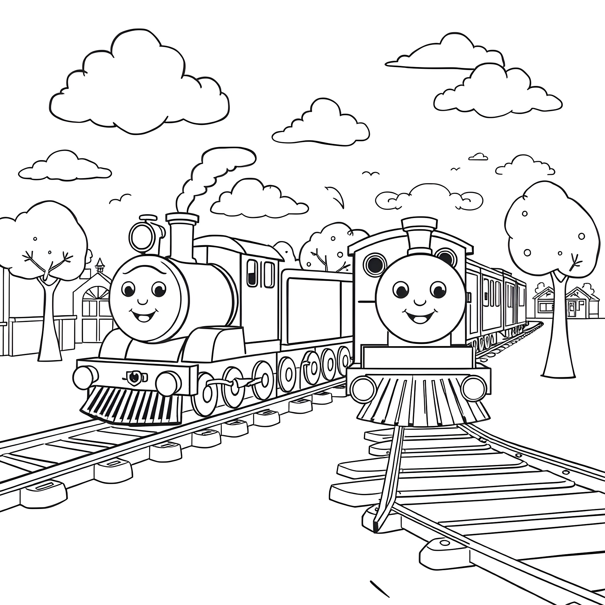 Train carrying happy passengers through charming countryside Coloring Page (free black-and-white line drawing printable PDF for all, from beginners to advanced learners, including children, teens, adults, and seniors)