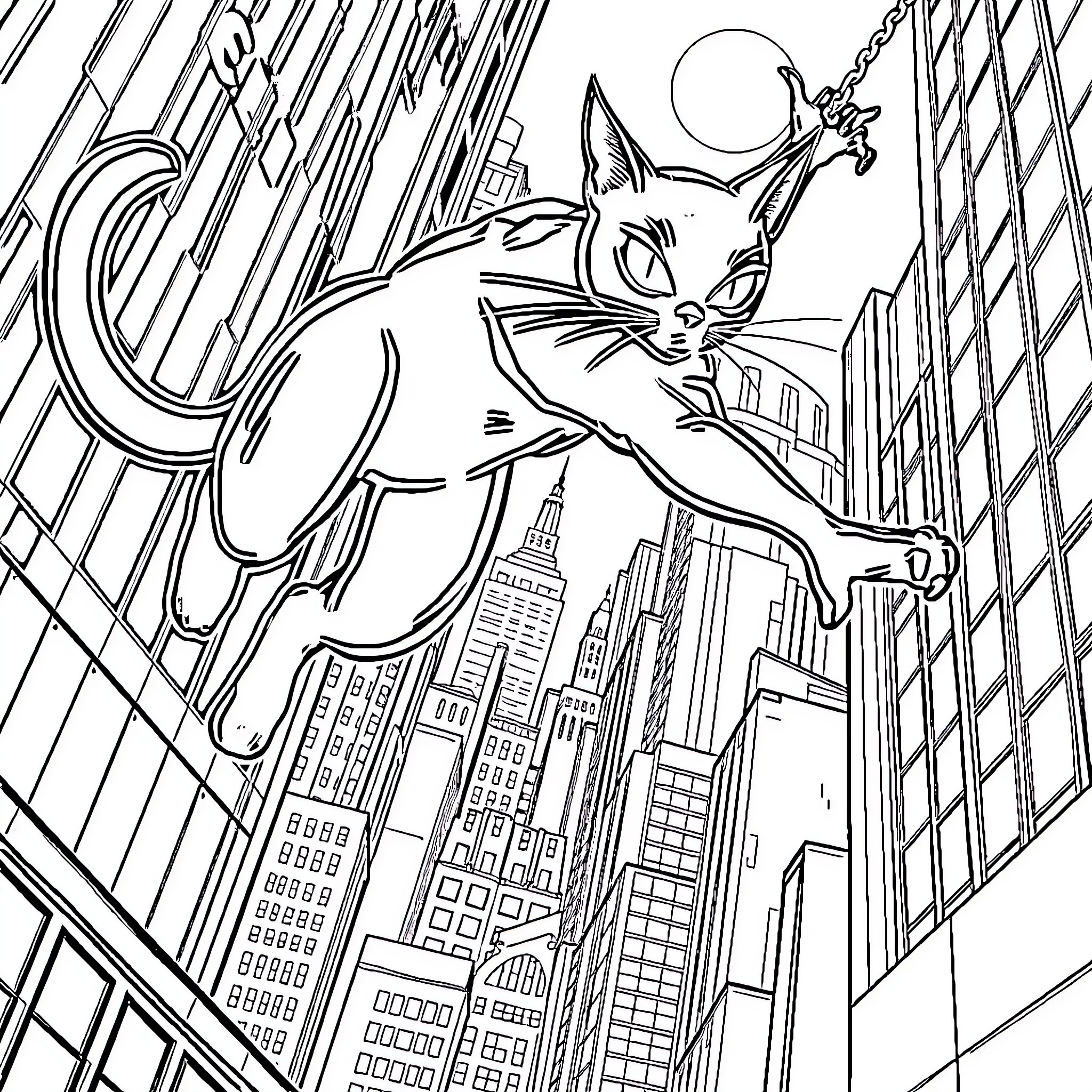Black Cat Leaping Through Cityscape Coloring Page (free black-and-white line drawing printable PDF for all, from beginners to advanced learners, including children, teens, adults, and seniors)