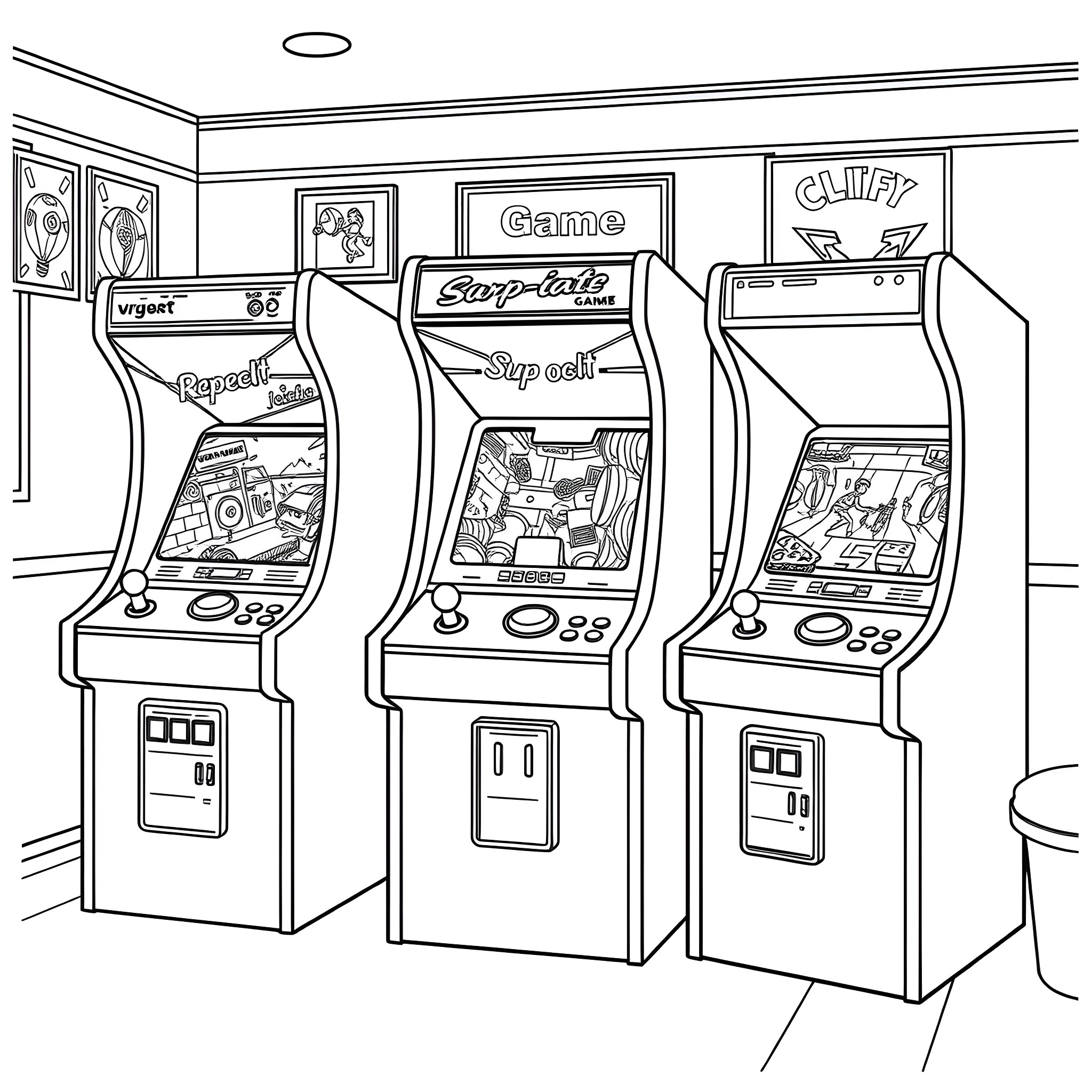 Arcade Machines with Varied Game Titles Coloring Page (free black-and-white line drawing printable PDF for all, from beginners to advanced learners, including children, teens, adults, and seniors)