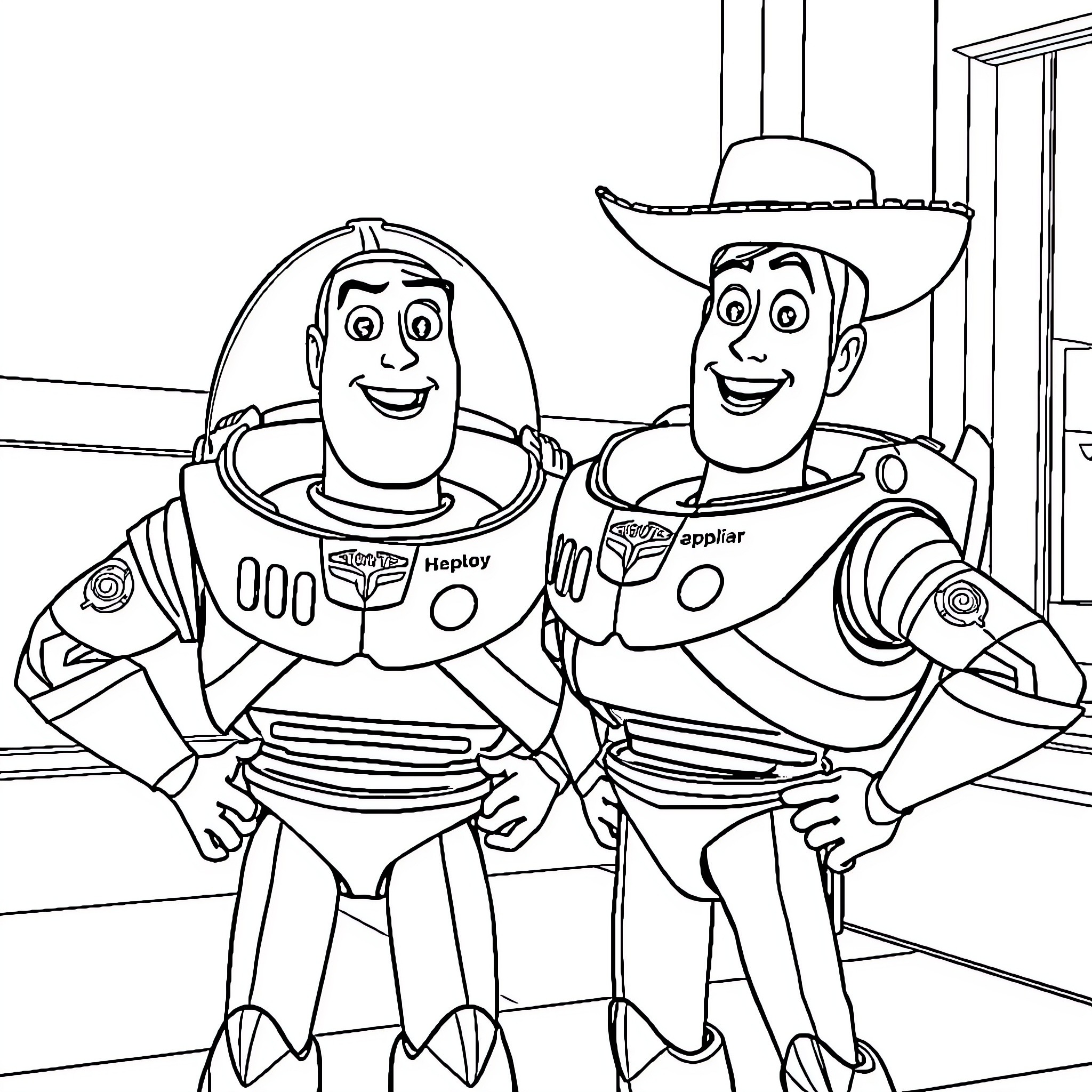 Toy Story characters in spacesuits and cowboy outfits Coloring Page (free black-and-white line drawing printable PDF for all, from beginners to advanced learners, including children, teens, adults, and seniors)