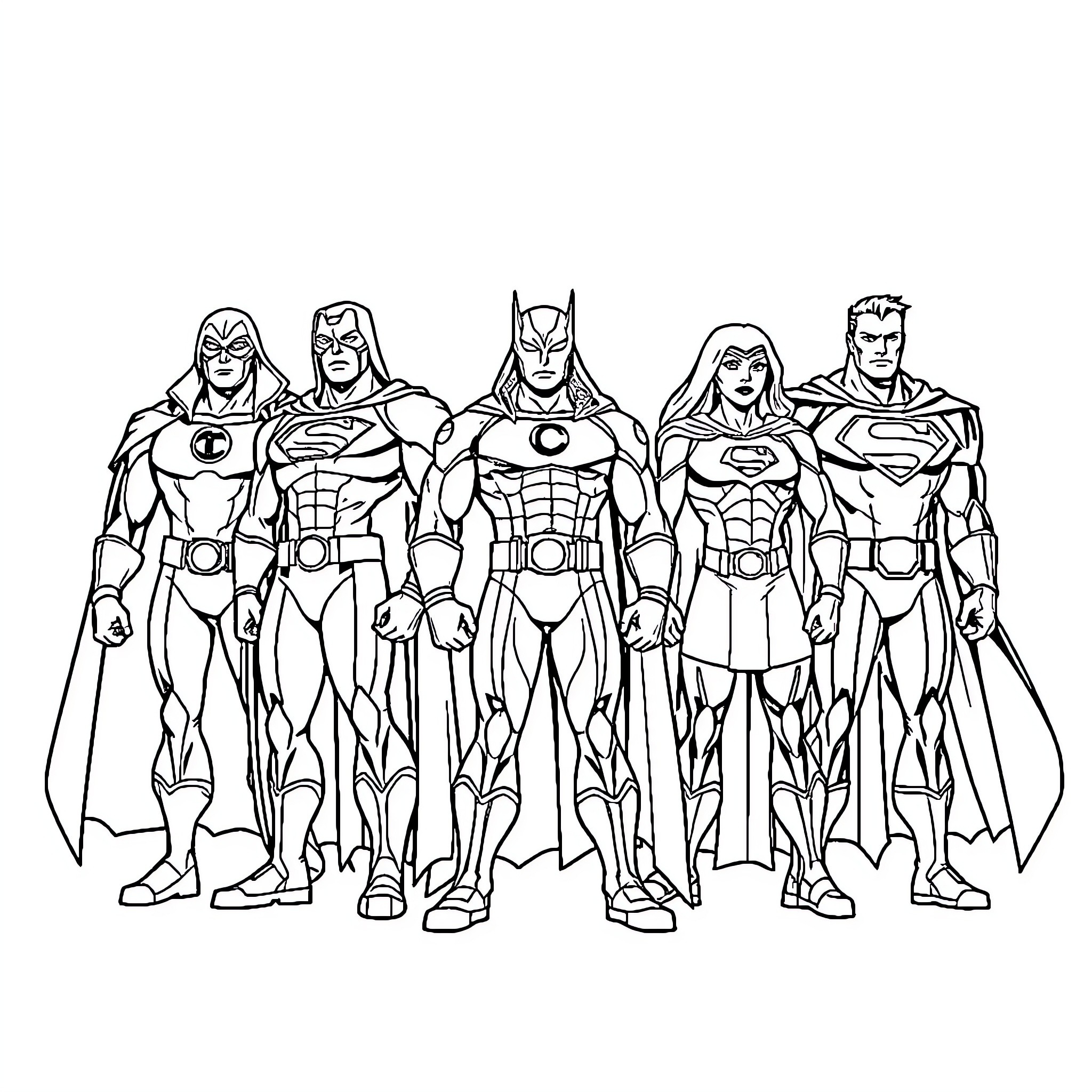 Hero Team Assembles in Heroic Poses Coloring Page (free black-and-white line drawing printable PDF for all, from beginners to advanced learners, including children, teens, adults, and seniors)