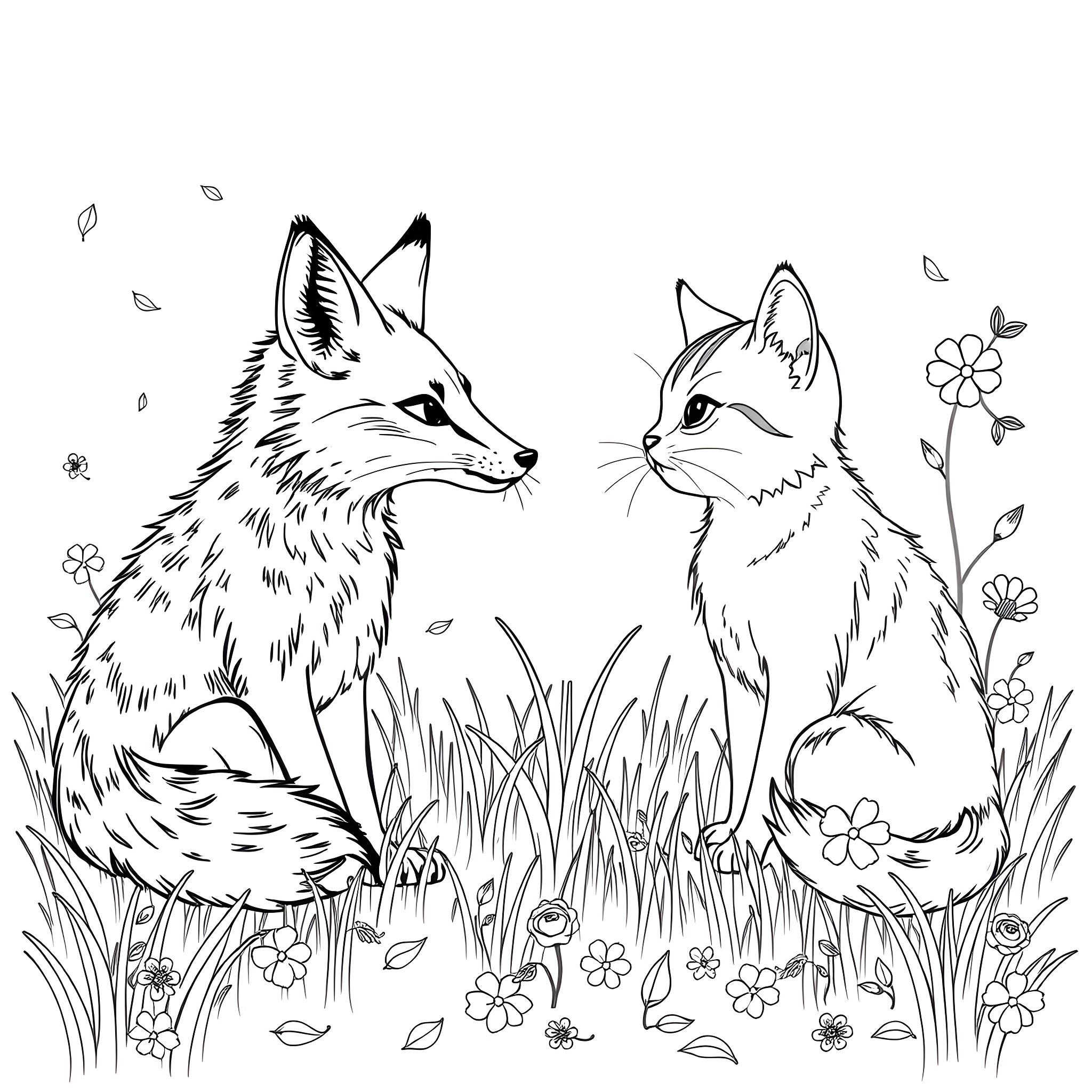 Fox and Cat in Floral Field Coloring Page (free black-and-white line drawing printable PDF for all, from beginners to advanced learners, including children, teens, adults, and seniors)