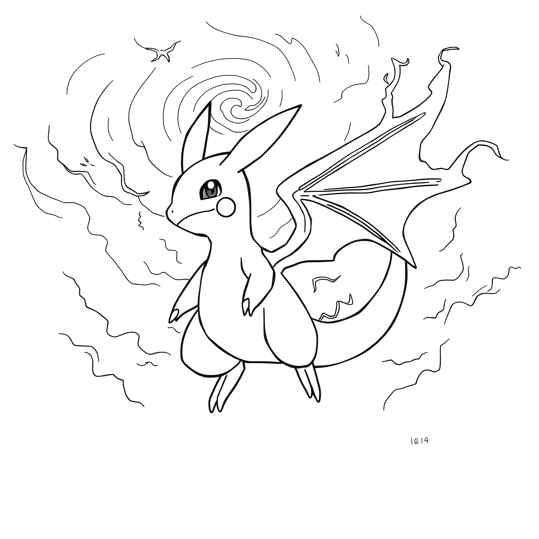Pikachu using electric attack in action Coloring Page (free black-and-white line drawing printable PDF for all, from beginners to advanced learners, including children, teens, adults, and seniors)