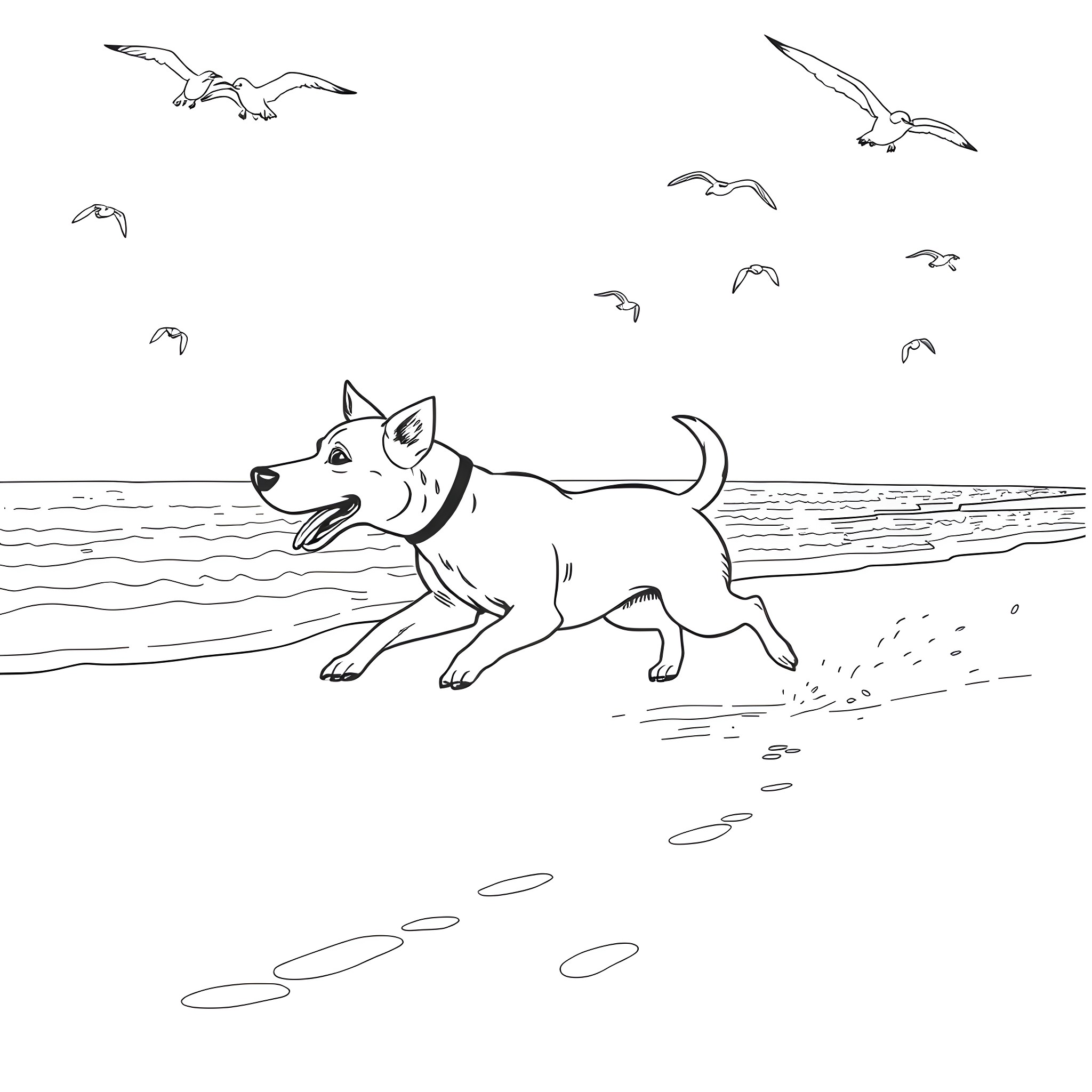 Dog running happily on the beach Coloring Page (free black-and-white line drawing printable PDF for all, from beginners to advanced learners, including children, teens, adults, and seniors)