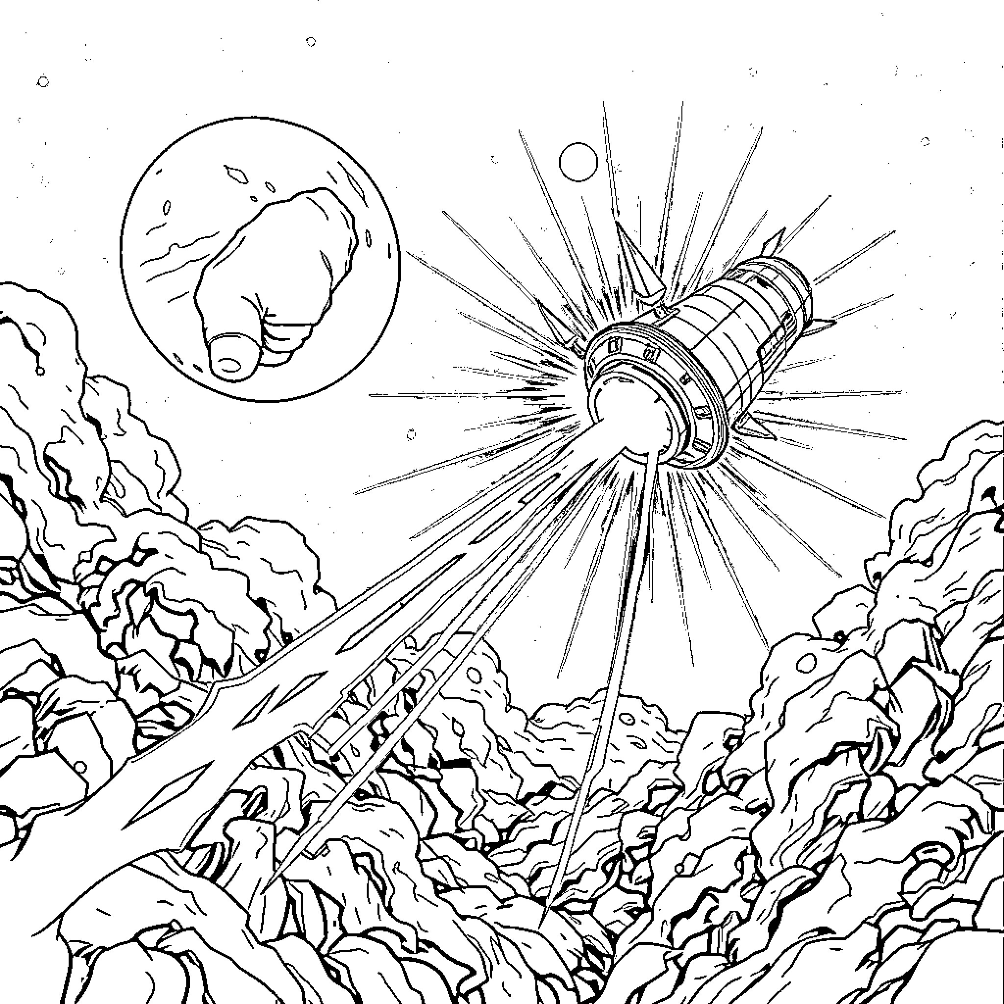 Satellite rocket blasting off into space Coloring Page (free black-and-white line drawing printable PDF for all, from beginners to advanced learners, including children, teens, adults, and seniors)