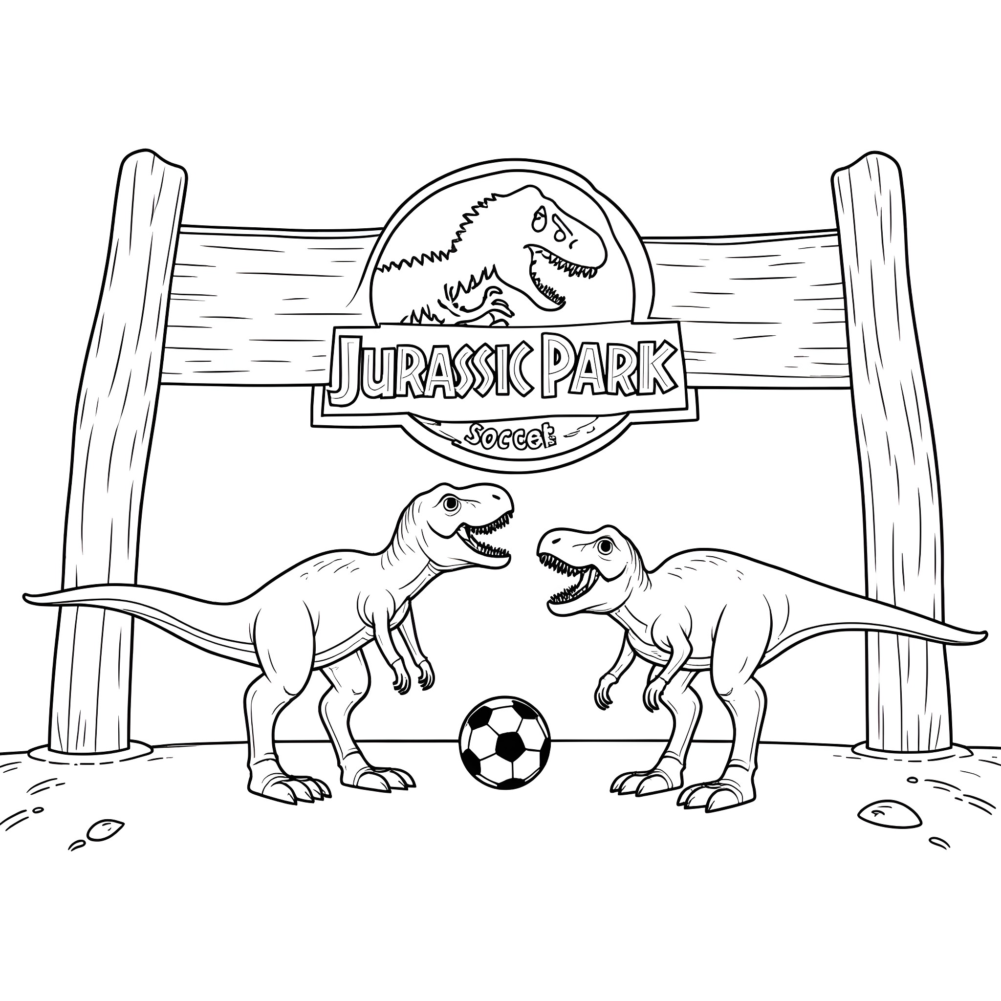 T-Rex playing soccer in Jurassic Park Coloring Page (free black-and-white line drawing printable PDF for all, from beginners to advanced learners, including children, teens, adults, and seniors)