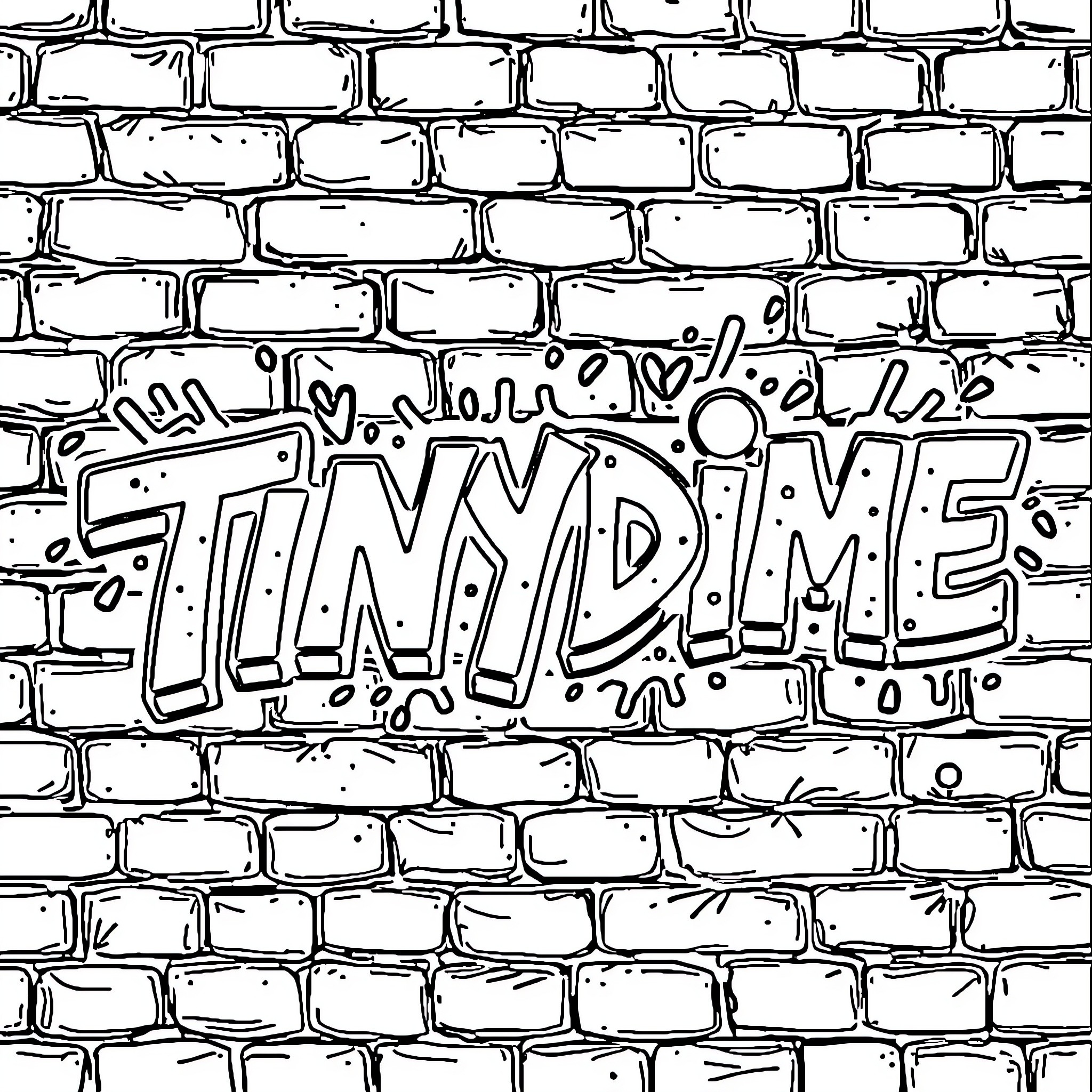 Graffiti with playful text and patterns on a brick wall Coloring Page (free black-and-white line drawing printable PDF for all, from beginners to advanced learners, including children, teens, adults, and seniors)