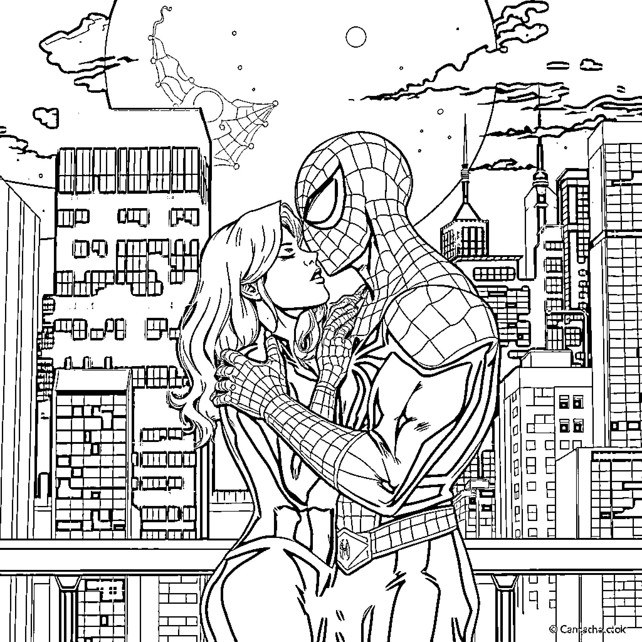 Spider-themed couple kissing in the city Coloring Page (free black-and-white line drawing printable PDF for all, from beginners to advanced learners, including children, teens, adults, and seniors)