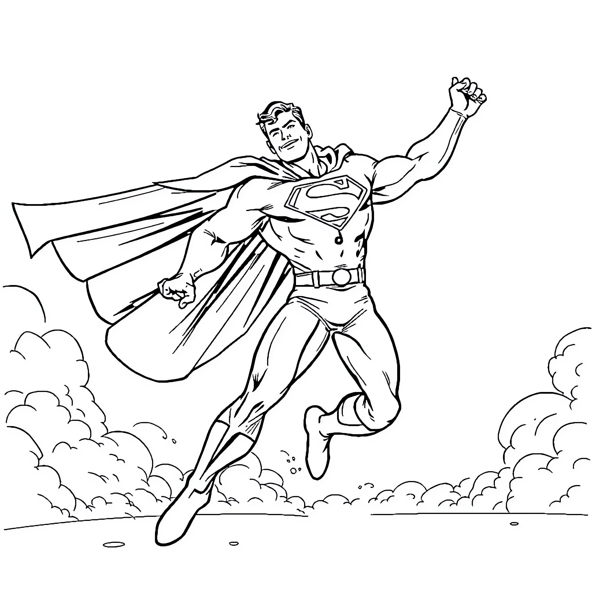 Superman soaring heroically through the skies Coloring Page (free black-and-white line drawing printable PDF for all, from beginners to advanced learners, including children, teens, adults, and seniors)