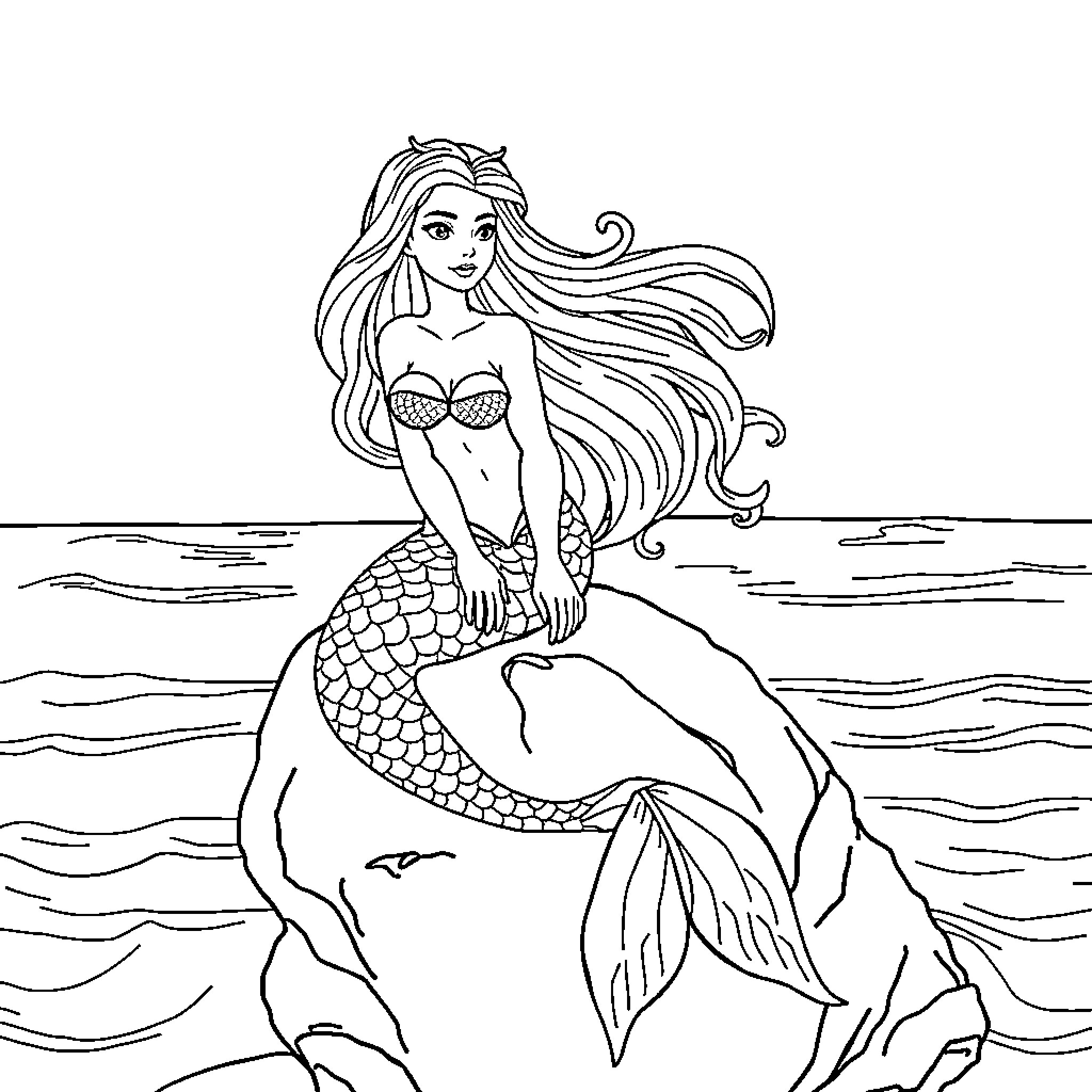 Mermaid sitting on a rock in the ocean Coloring Page (free black-and-white line drawing printable PDF for all, from beginners to advanced learners, including children, teens, adults, and seniors)