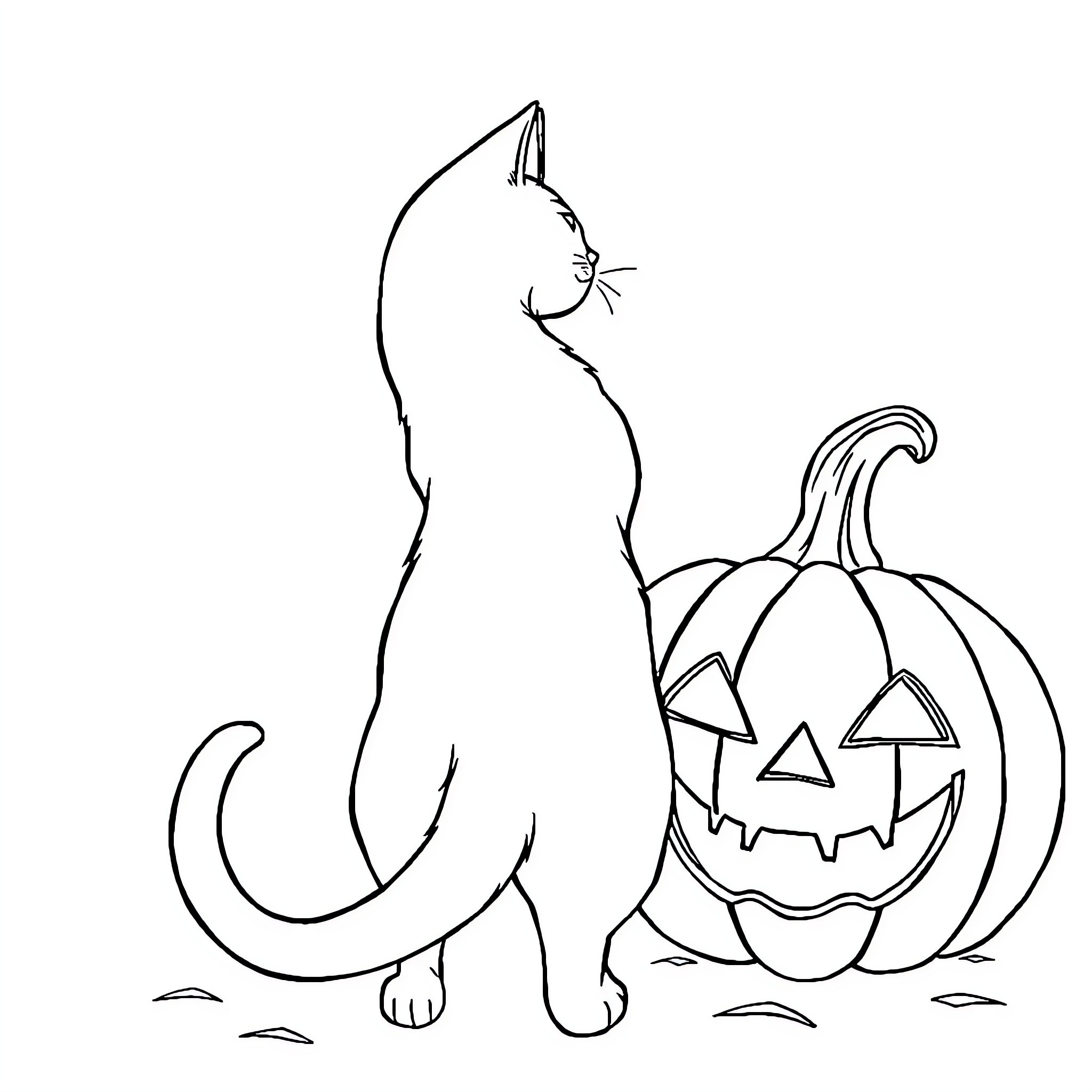 Cat and spooky pumpkin Coloring Page (free black-and-white line drawing printable PDF for all, from beginners to advanced learners, including children, teens, adults, and seniors)