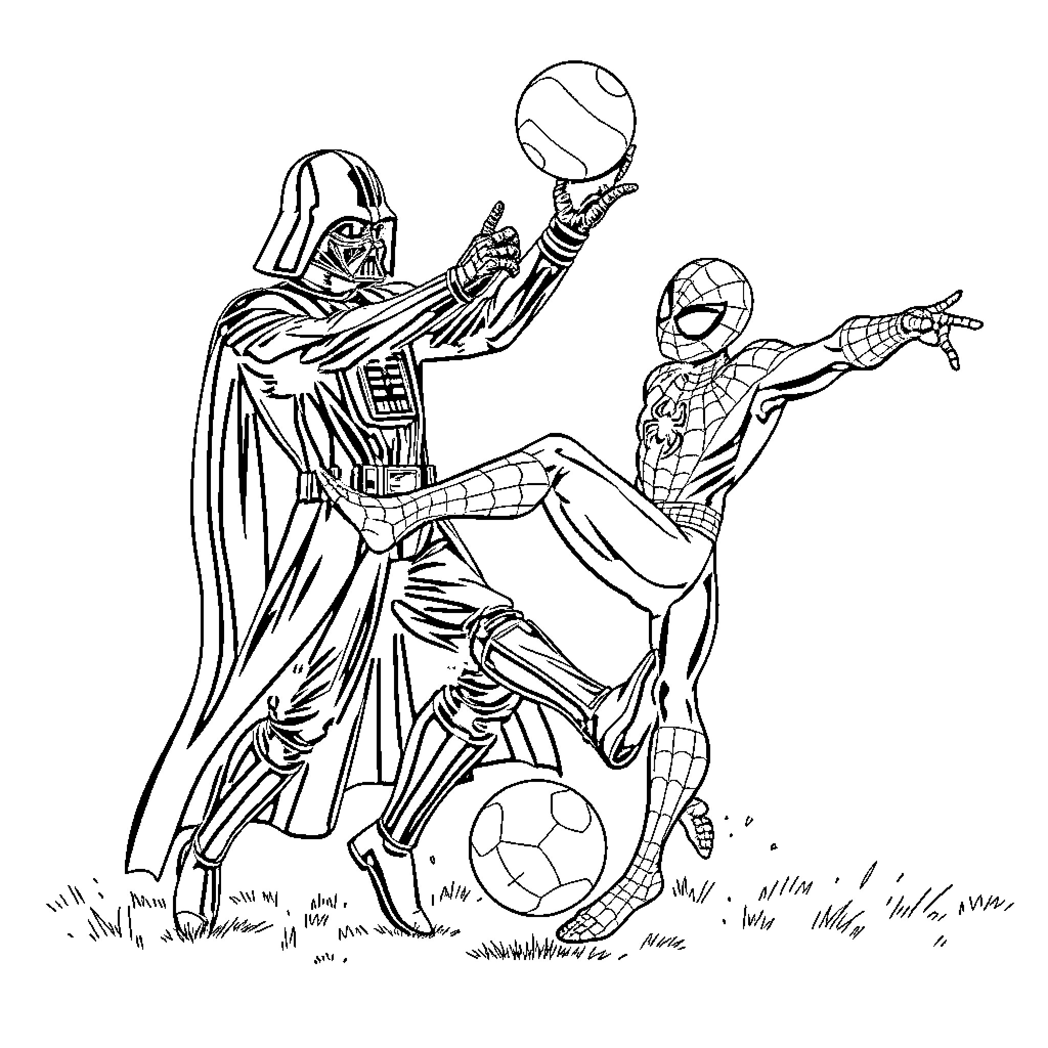 Darth Vader playing soccer with Spider-Man Coloring Page (free black-and-white line drawing printable PDF for all, from beginners to advanced learners, including children, teens, adults, and seniors)