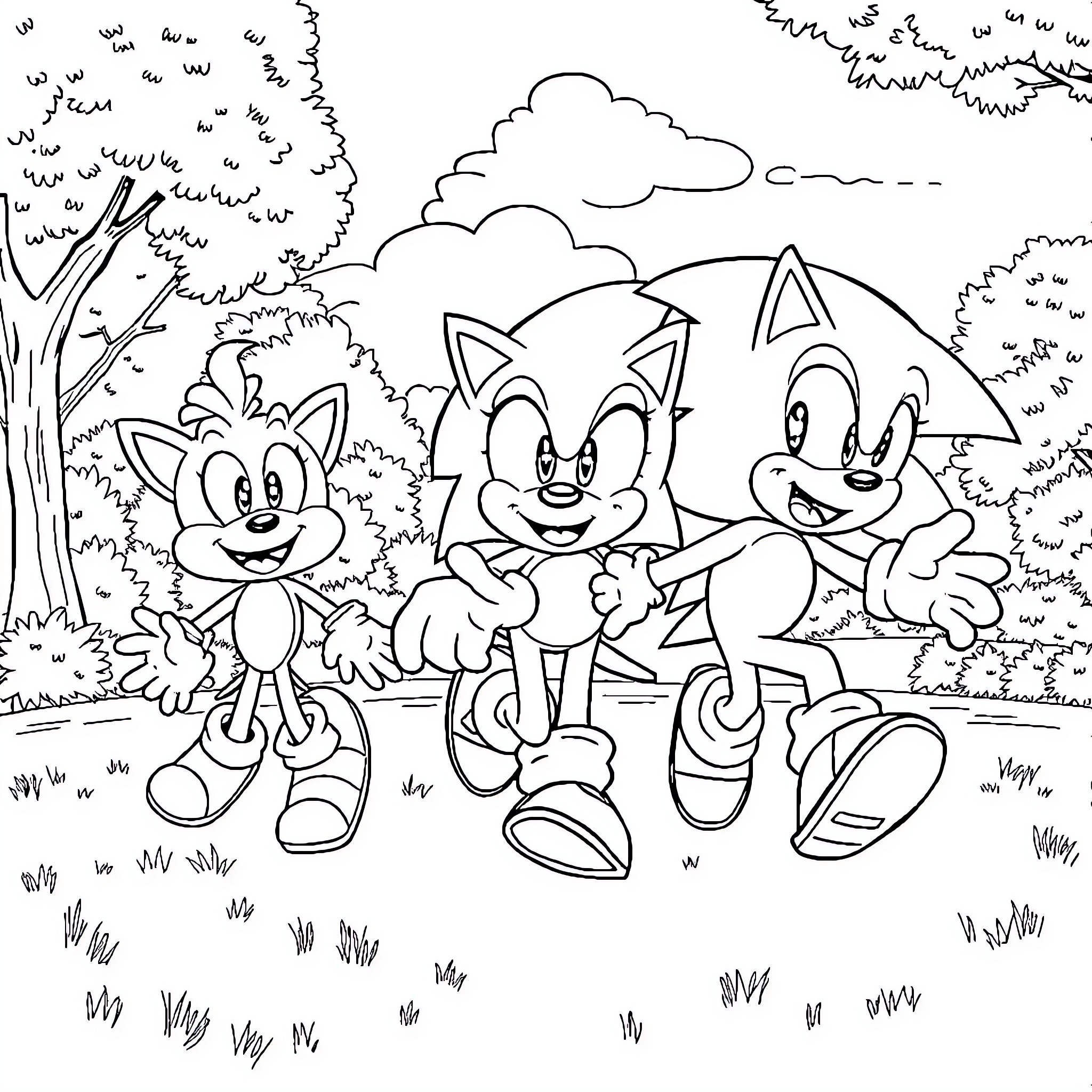 Sonic characters happily exploring the forest Coloring Page (free black-and-white line drawing printable PDF for all, from beginners to advanced learners, including children, teens, adults, and seniors)