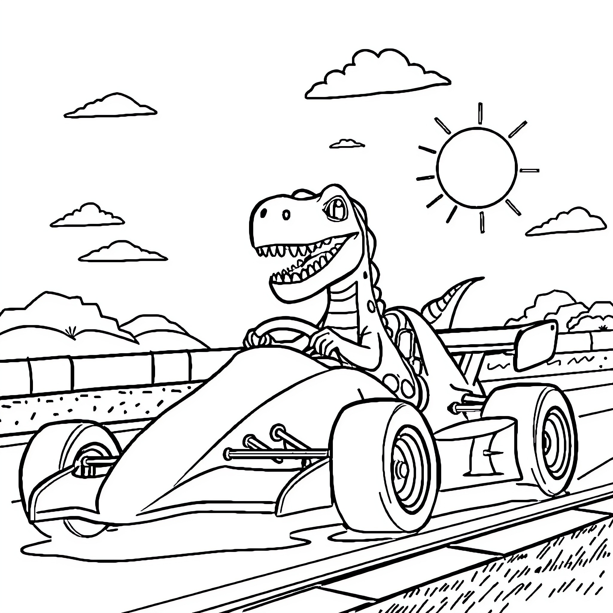 Dinosaur racing in a high-speed vehicle Coloring Page (free black-and-white line drawing printable PDF for all, from beginners to advanced learners, including children, teens, adults, and seniors)