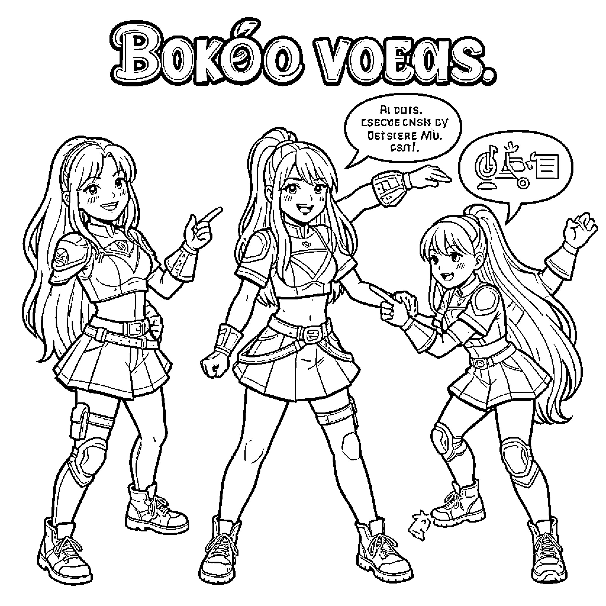 Guerrera characters posing confidently in futuristic outfits Coloring Page (free black-and-white line drawing printable PDF for all, from beginners to advanced learners, including children, teens, adults, and seniors)