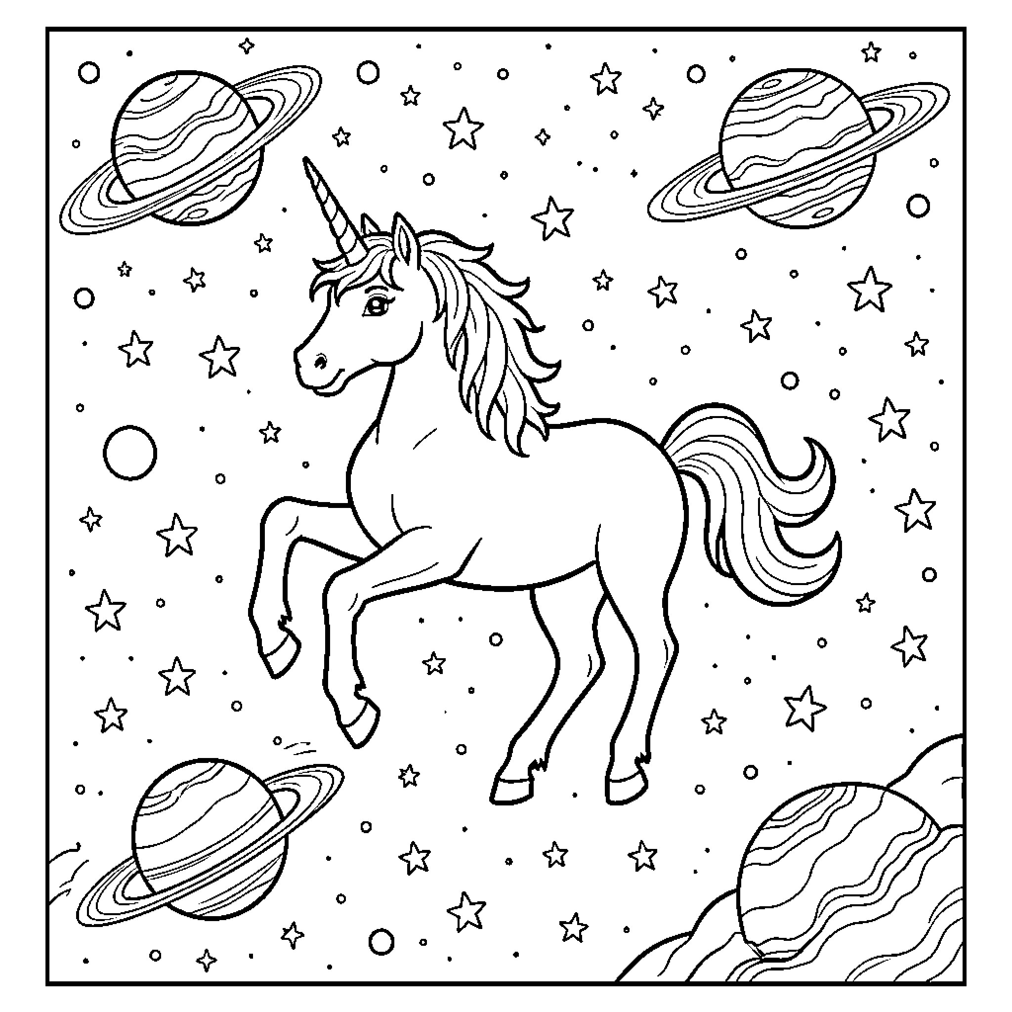Unicorn galloping joyfully through a celestial space scene Coloring Page (free black-and-white line drawing printable PDF for all, from beginners to advanced learners, including children, teens, adults, and seniors)