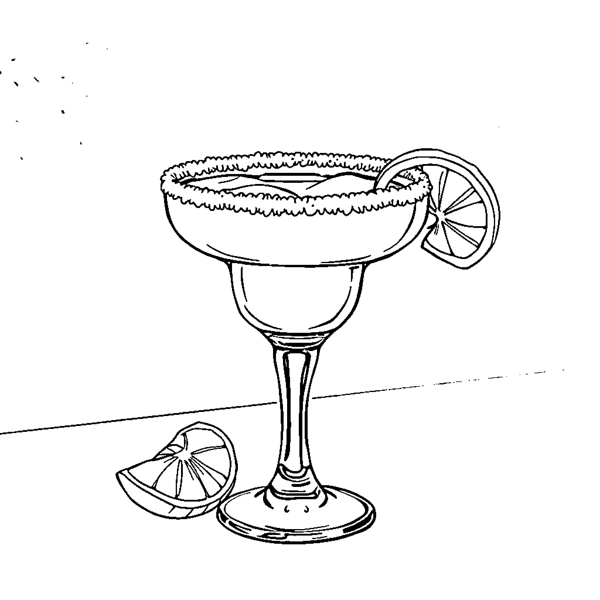 Margarita cocktail with lime garnish Coloring Page (free black-and-white line drawing printable PDF for all, from beginners to advanced learners, including children, teens, adults, and seniors)