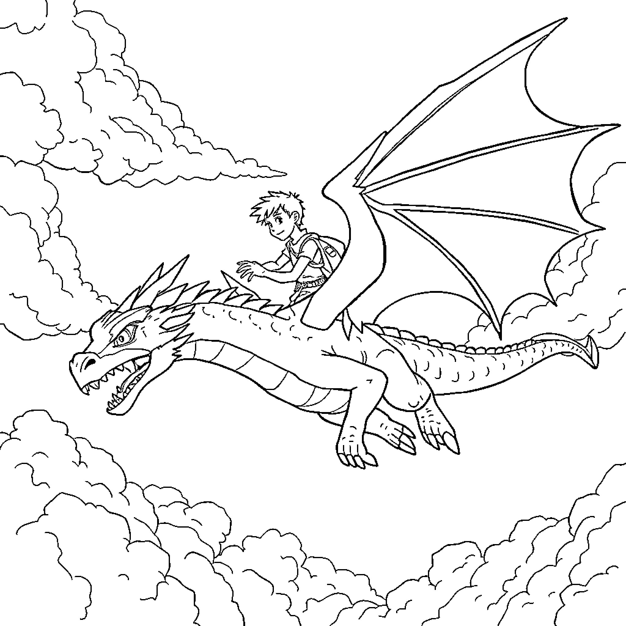 Dragon Rider Soaring Through Cloudy Skies Coloring Page (free black-and-white line drawing printable PDF for all, from beginners to advanced learners, including children, teens, adults, and seniors)