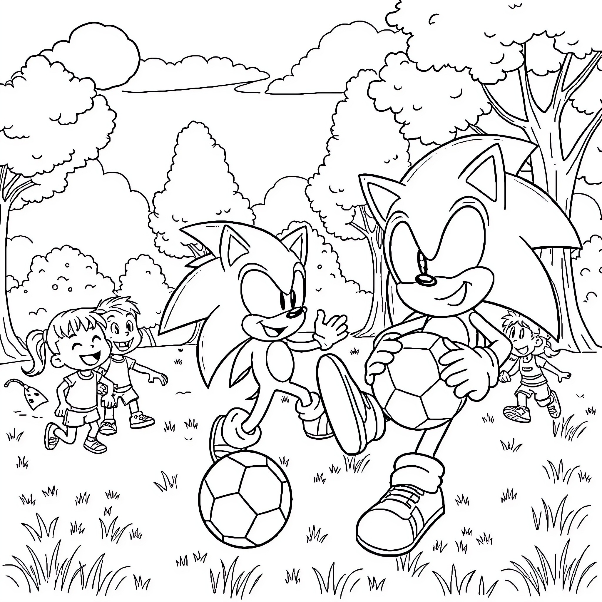 Sonic and Friends Playing Soccer in the Park Coloring Page (free black-and-white line drawing printable PDF for all, from beginners to advanced learners, including children, teens, adults, and seniors)