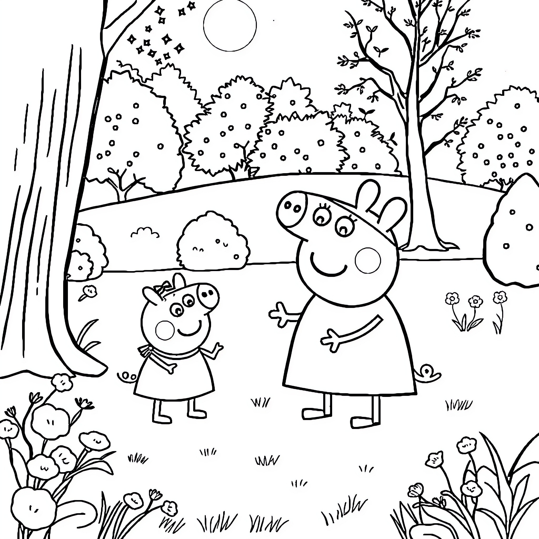 Peppa Pig and friend exploring the enchanted forest Coloring Page (free black-and-white line drawing printable PDF for all, from beginners to advanced learners, including children, teens, adults, and seniors)