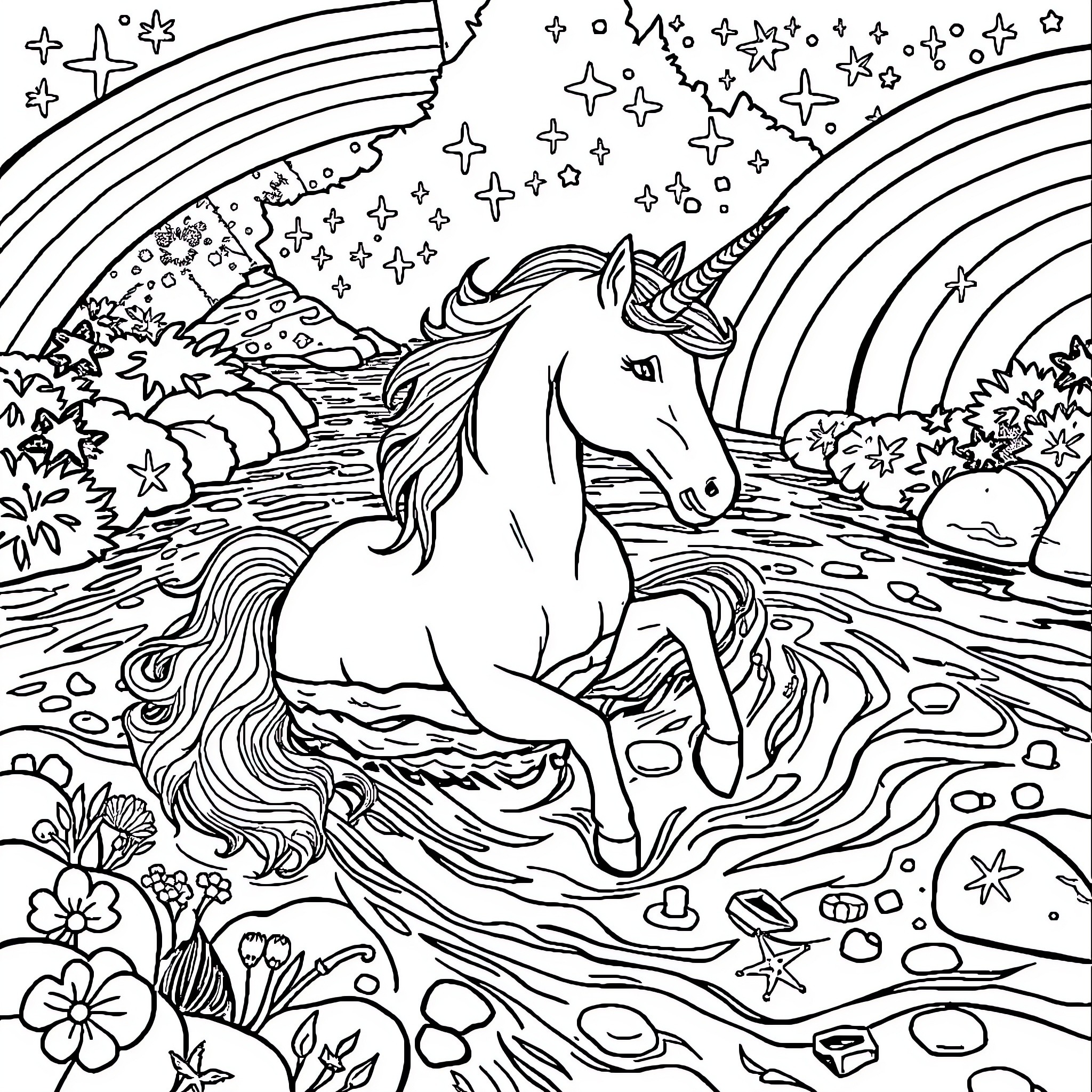 Unicorn galloping through magical landscape Coloring Page (free black-and-white line drawing printable PDF for all, from beginners to advanced learners, including children, teens, adults, and seniors)