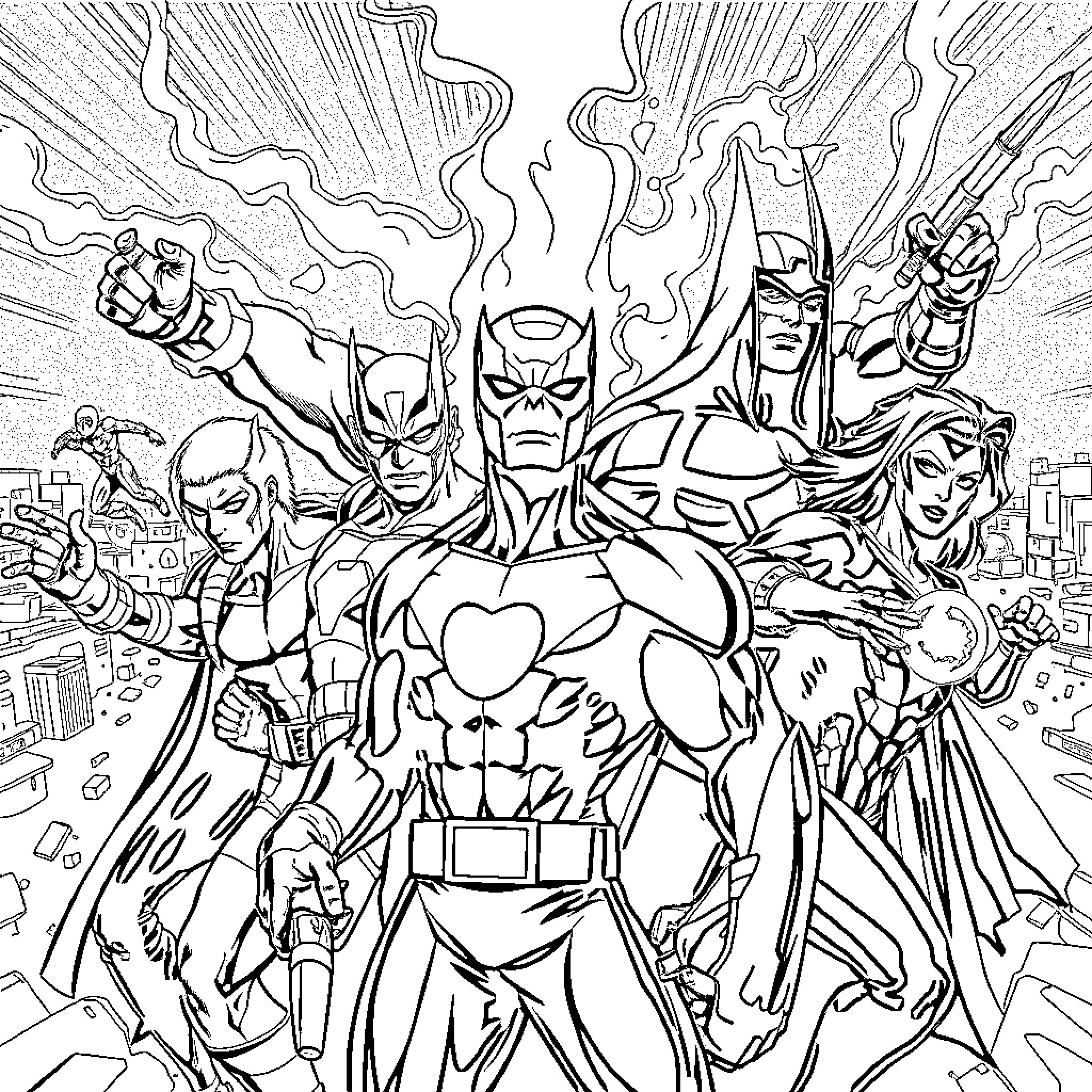 Marvel Heroes Assembling for Action in the City Coloring Page (free black-and-white line drawing printable PDF for all, from beginners to advanced learners, including children, teens, adults, and seniors)