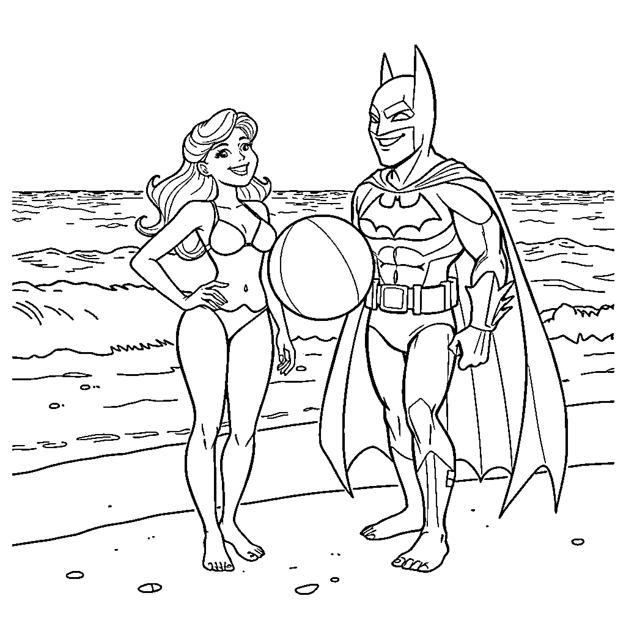 Gatubella and Batman on the Beach Coloring Page (free black-and-white line drawing printable PDF for all, from beginners to advanced learners, including children, teens, adults, and seniors)