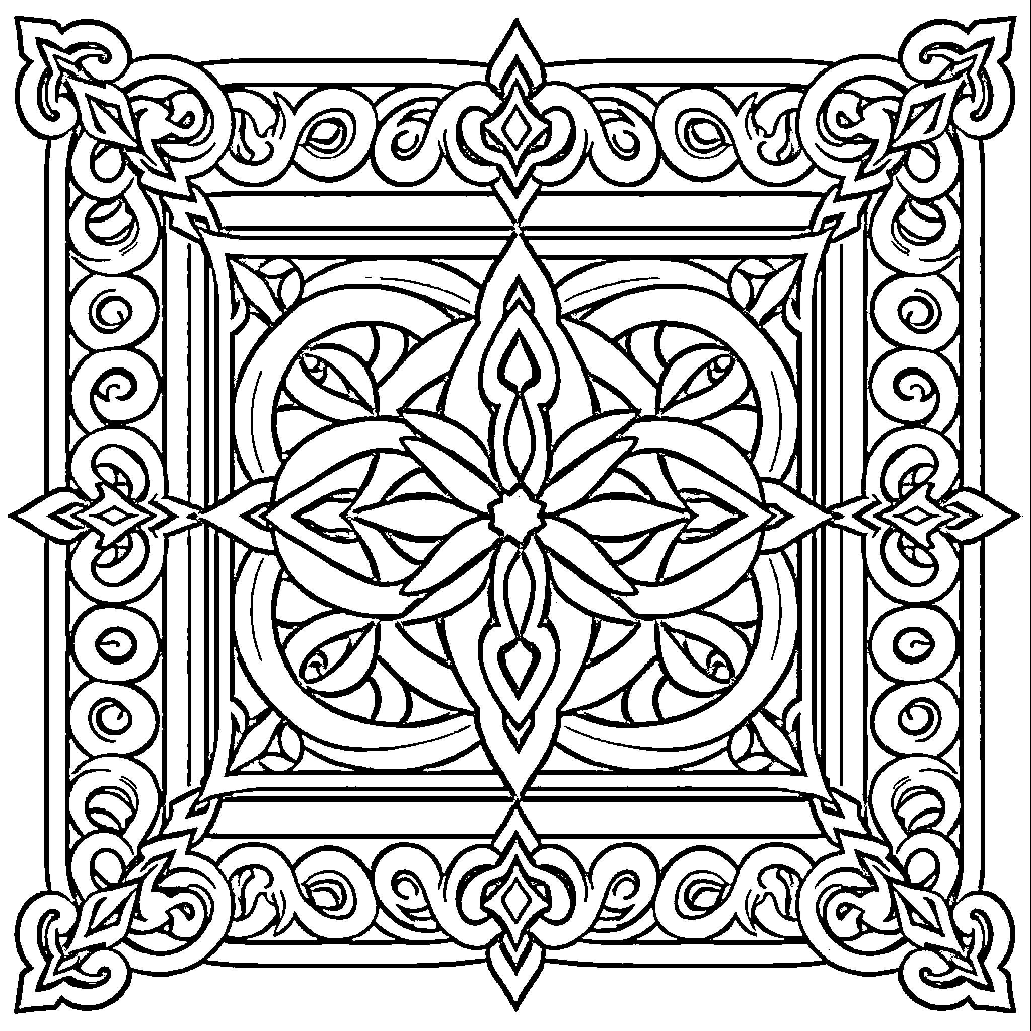 Celtic Design of Symmetrical Ornamental Patterns Coloring Page (free black-and-white line drawing printable PDF for all, from beginners to advanced learners, including children, teens, adults, and seniors)