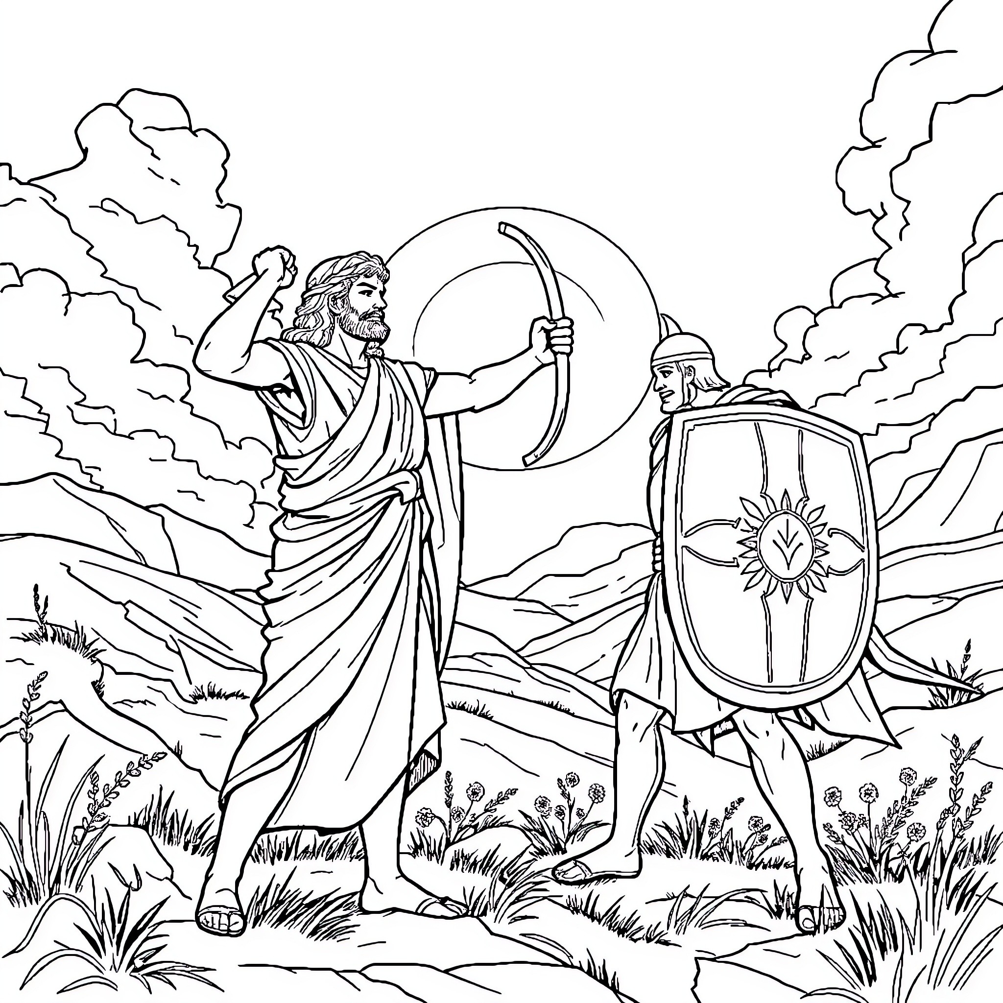 David Facing a Warrior with Shield Coloring Page (free black-and-white line drawing printable PDF for all, from beginners to advanced learners, including children, teens, adults, and seniors)