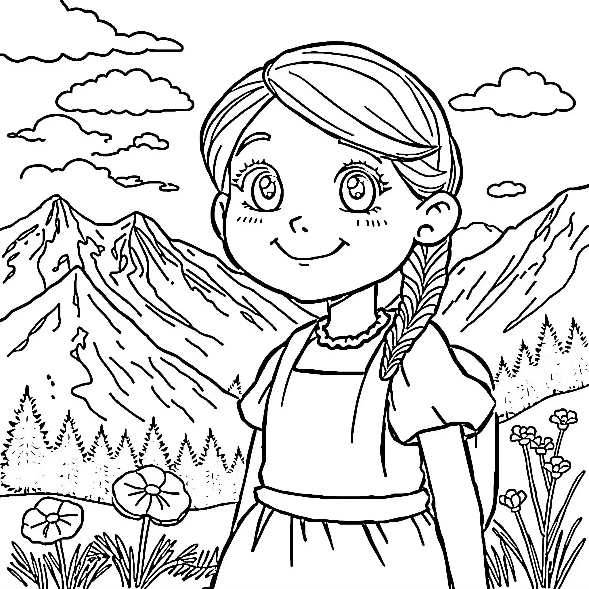 Heidi Enjoying the Mountain Scenery Coloring Page (free black-and-white line drawing printable PDF for all, from beginners to advanced learners, including children, teens, adults, and seniors)