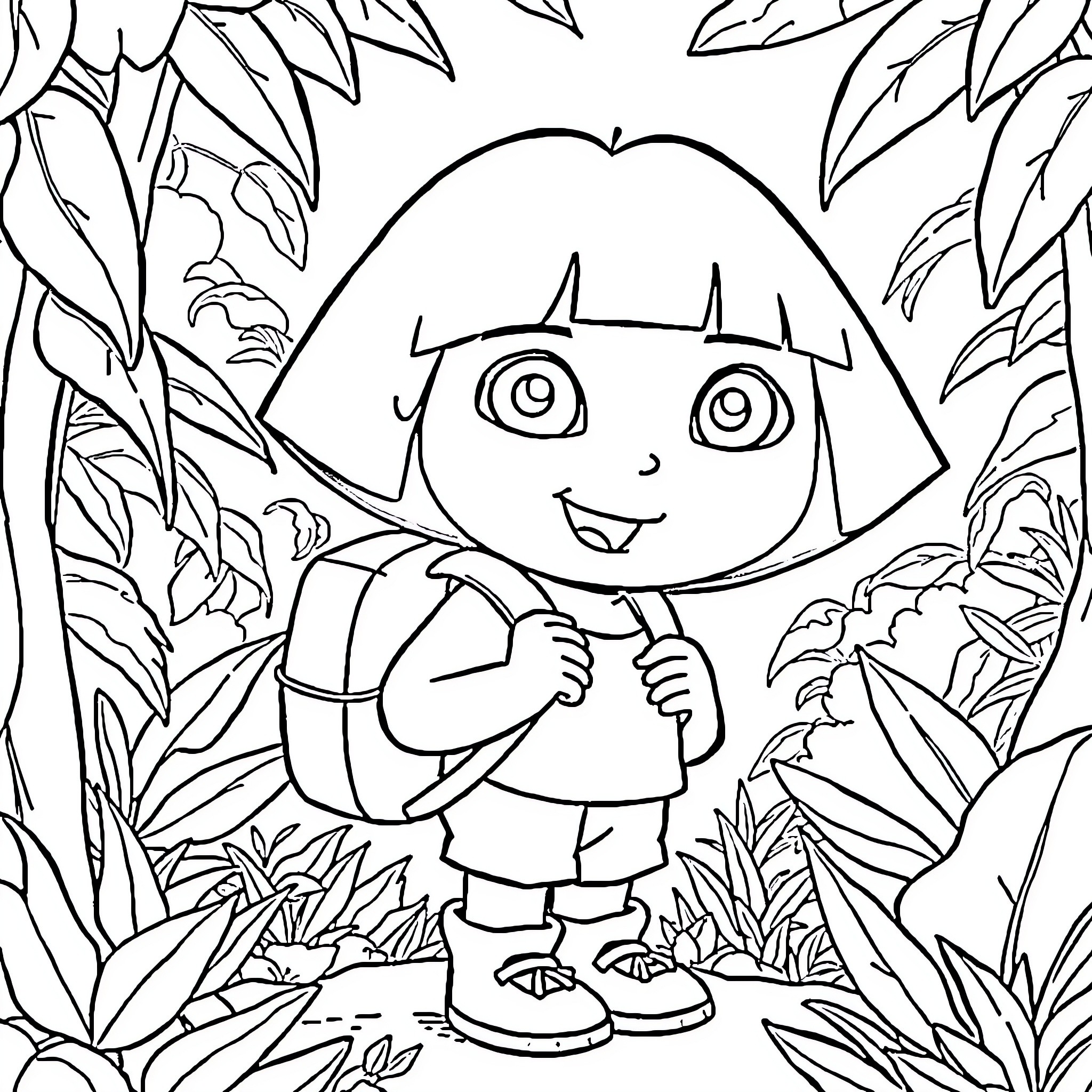 Dora exploring the lush jungle Coloring Page (free black-and-white line drawing printable PDF for all, from beginners to advanced learners, including children, teens, adults, and seniors)