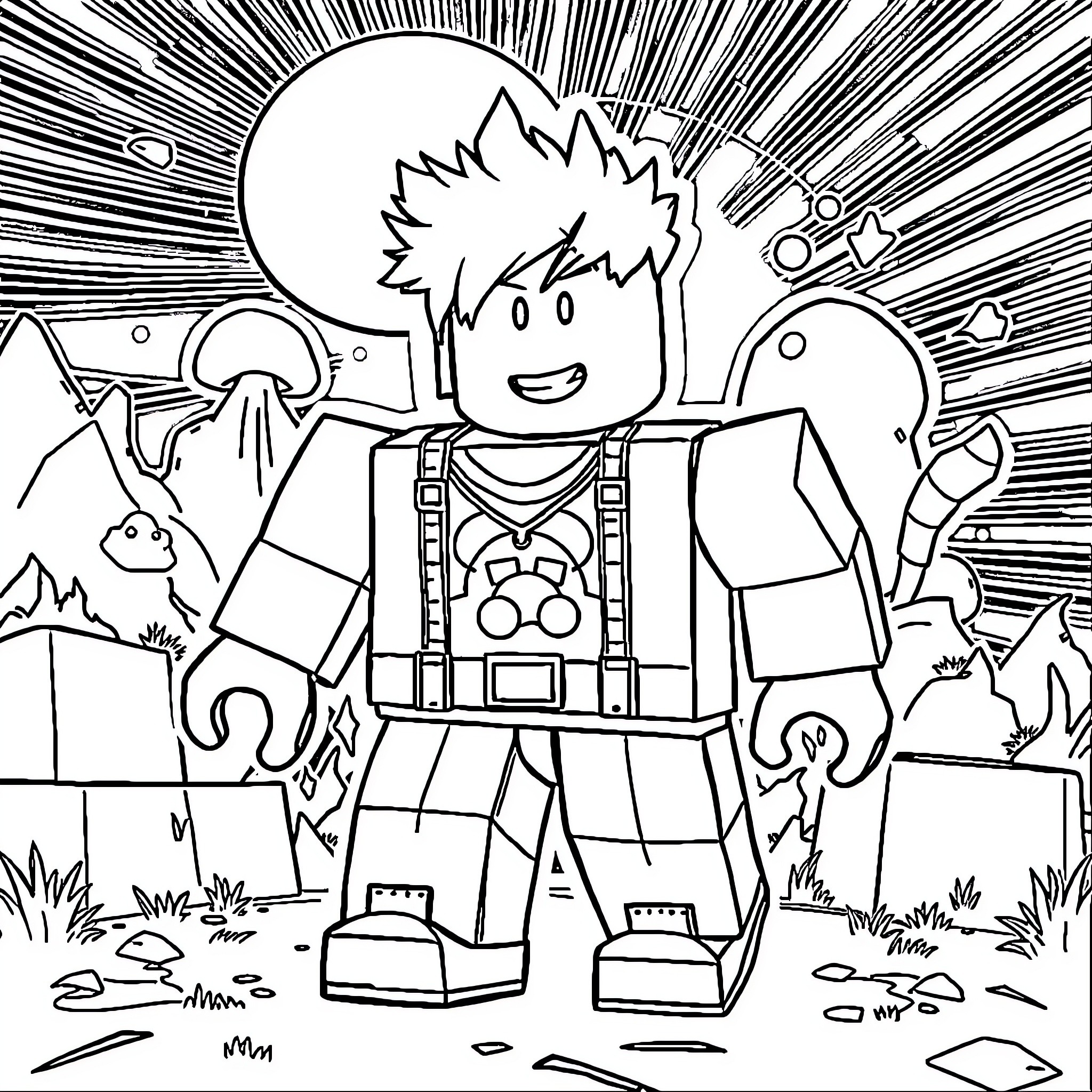 Roblox Character in Adventure Outdoors Coloring Page (free black-and-white line drawing printable PDF for all, from beginners to advanced learners, including children, teens, adults, and seniors)