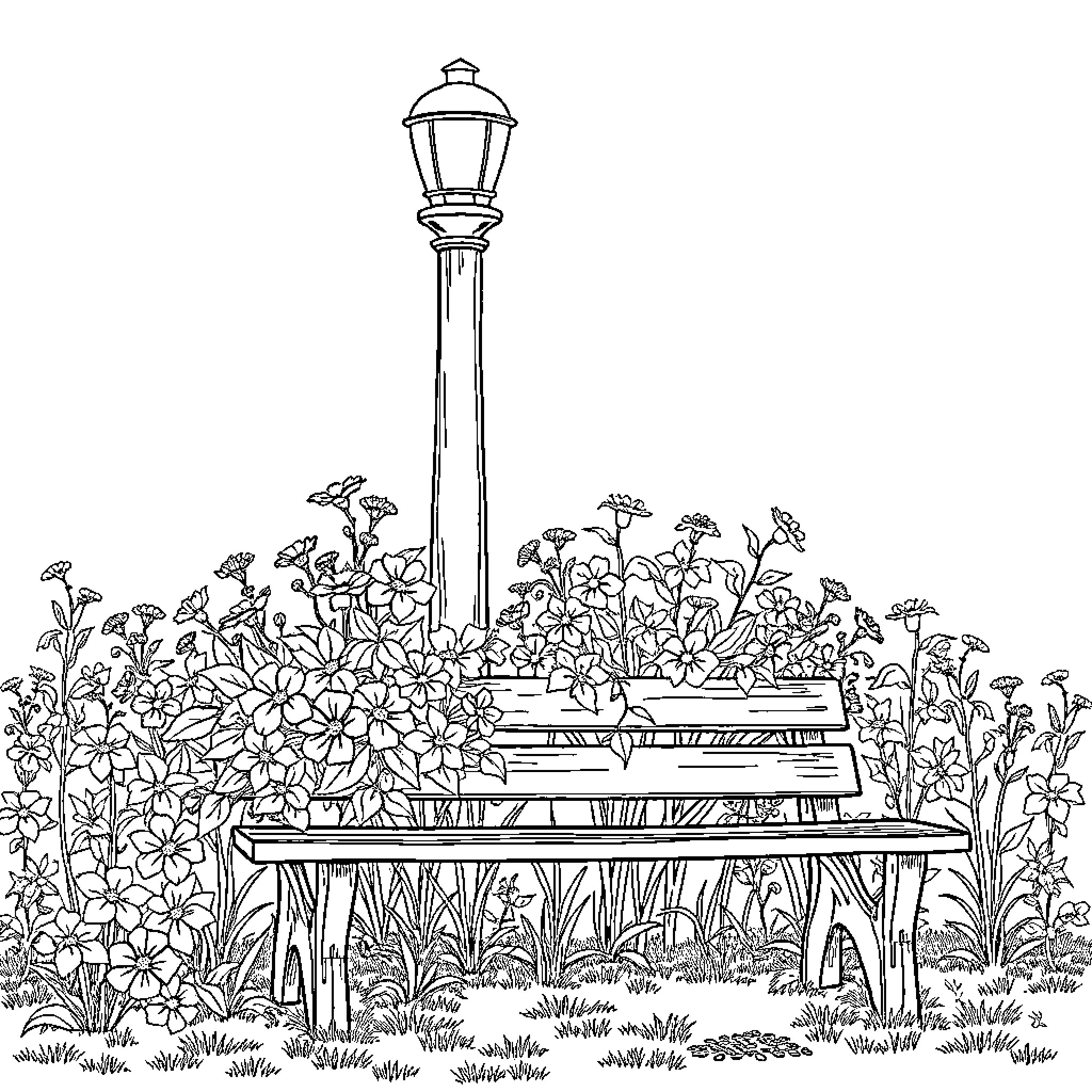 Flower-filled Garden Bench with Ornate Lamp Post Coloring Page (free black-and-white line drawing printable PDF for all, from beginners to advanced learners, including children, teens, adults, and seniors)